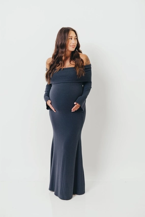Monroe Maxi Dress with Long Sleeves in Dusty Navy- Bump Friendly Satin-Edge