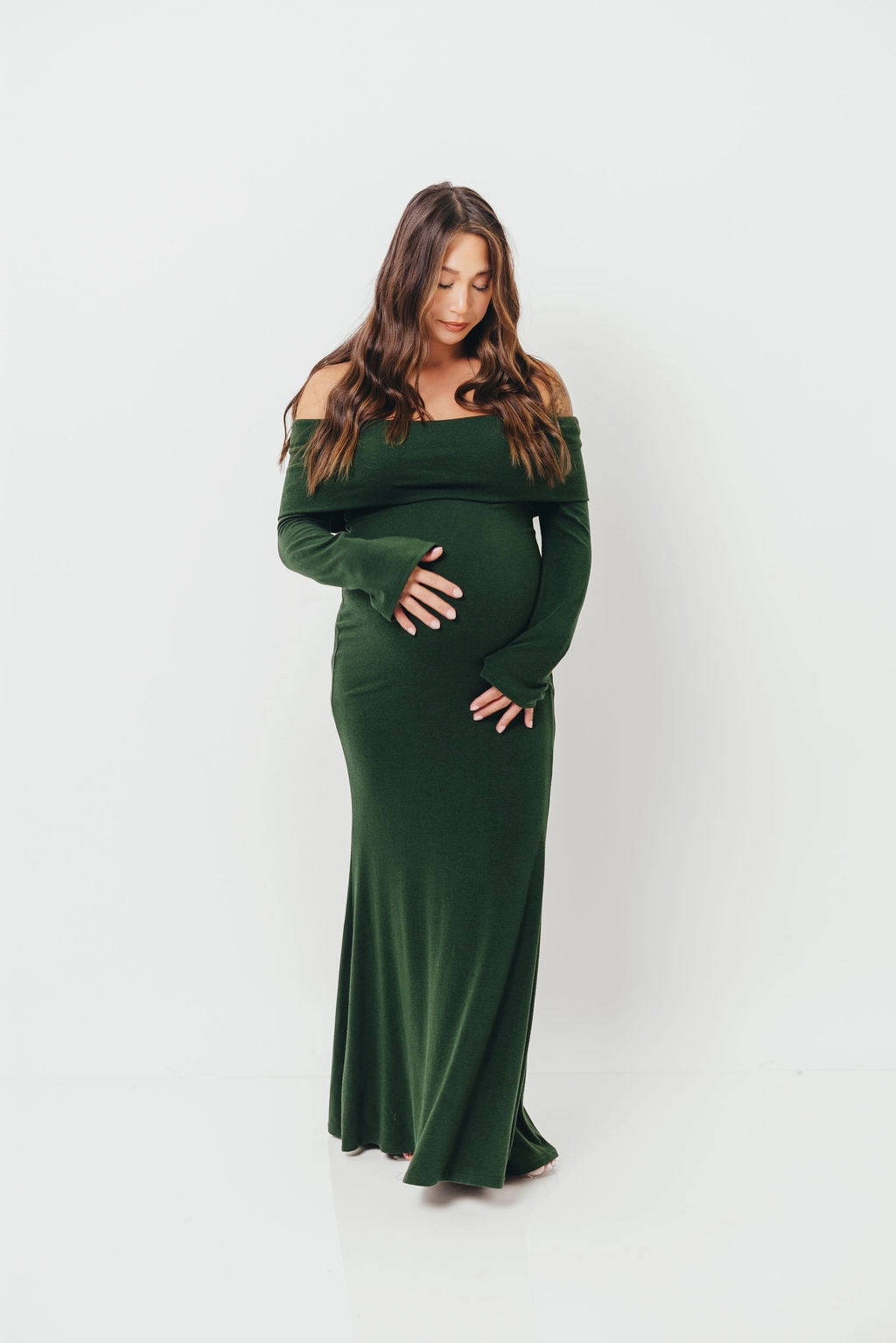 Romantic dinner wear Subtle tone Monroe Maxi Dress with Long Sleeves in Hunter Green- Bump Friendly