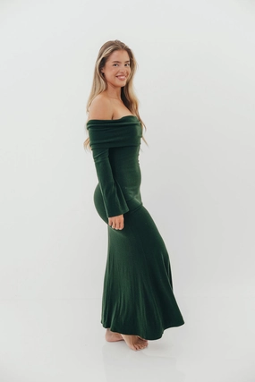 Odor-Control Sleek Feel Monroe Maxi Dress with Long Sleeves in Hunter Green- Bump Friendly