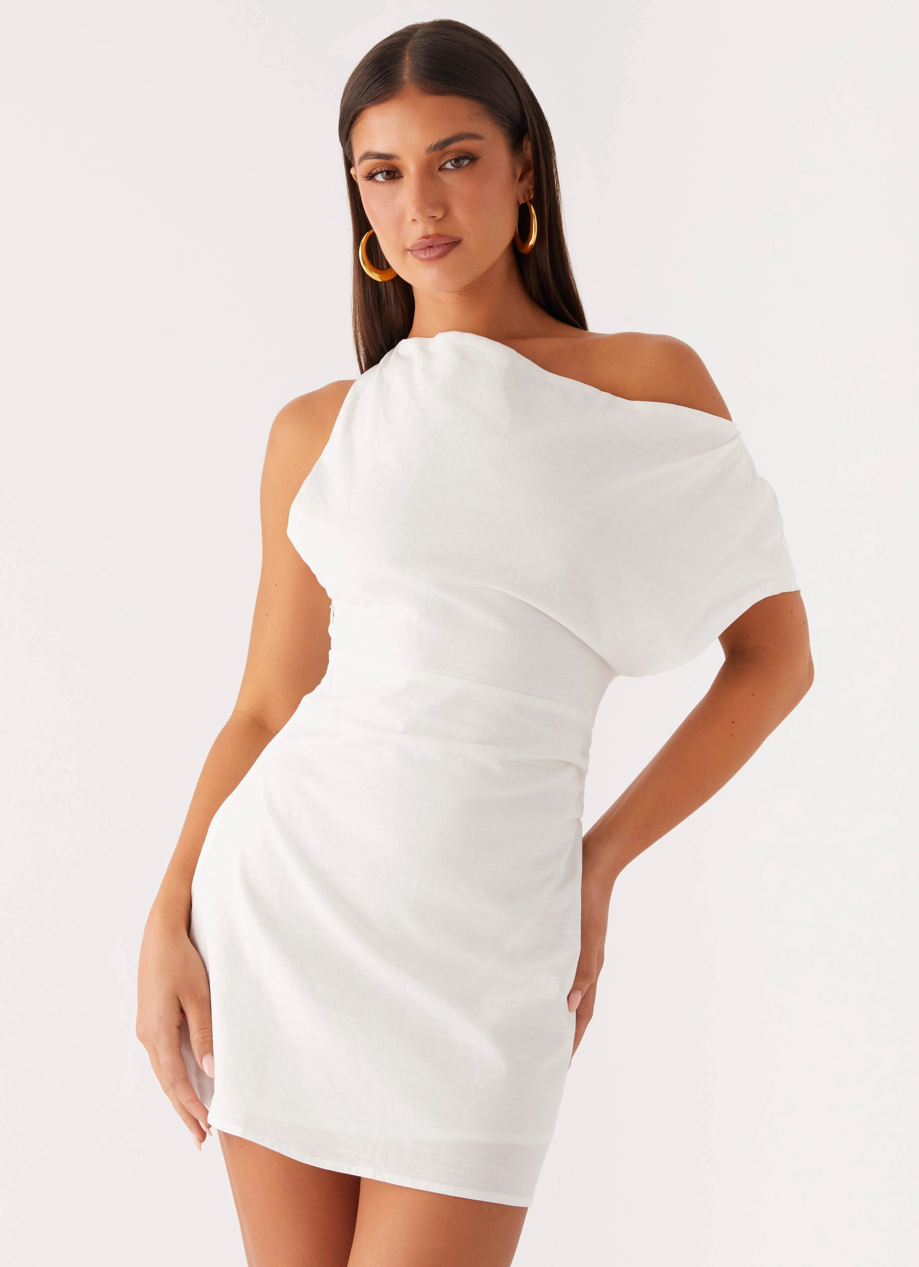 Moonlight Oasis Asymmetrical Mini Dress - Off White Sleeveless Cut Simple Flow