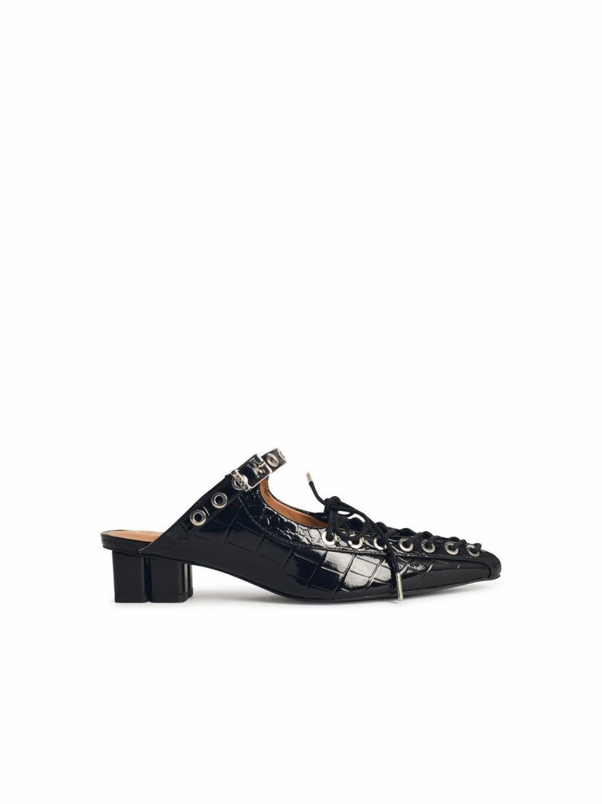 Smooth Movement EasyToClean Mules With Laces In Black 'Oleatex'