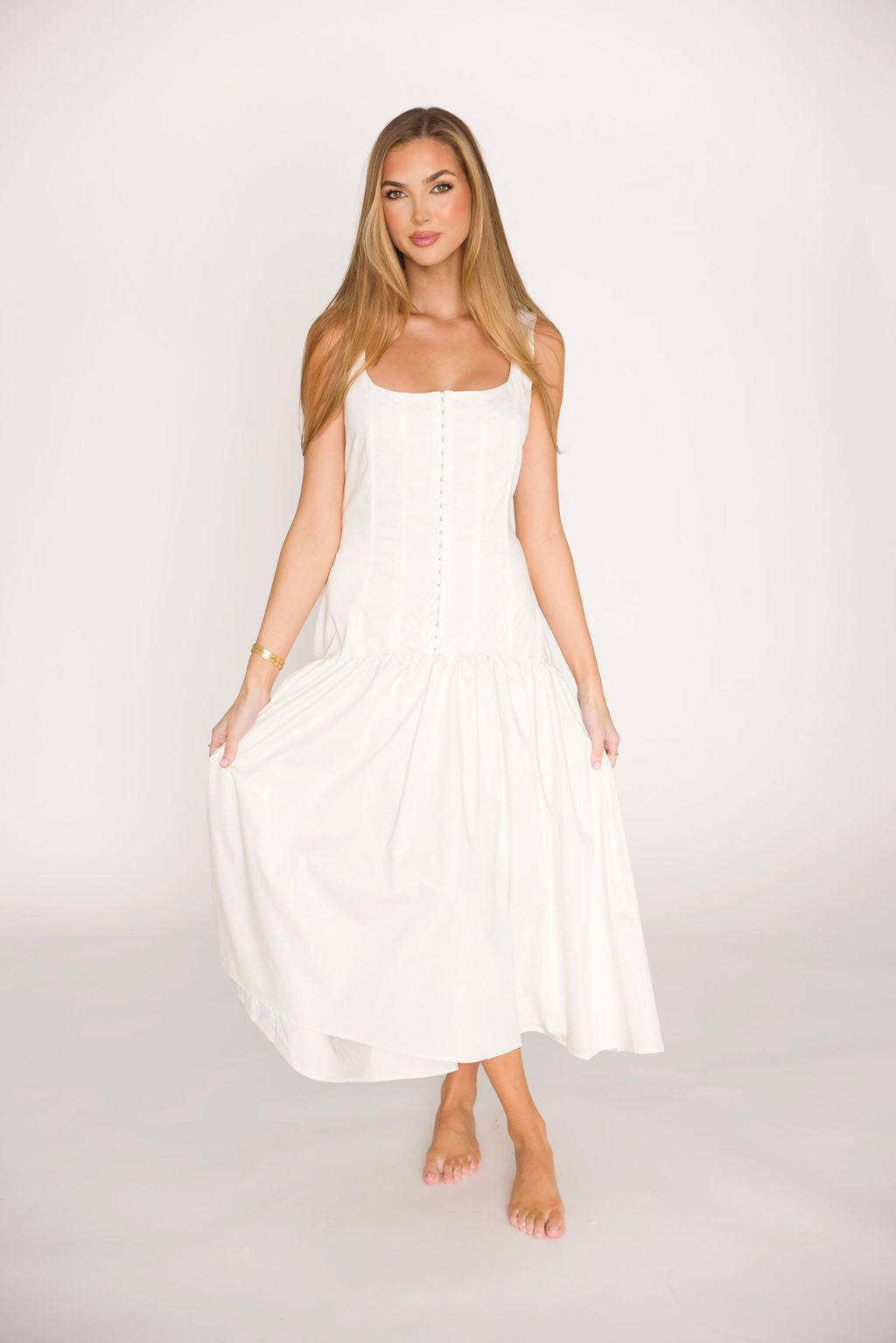 relaxed elegance Ruched-Detail Violet Corset Style Drop Waist Midi Dress in Off-White *Final-Sale*