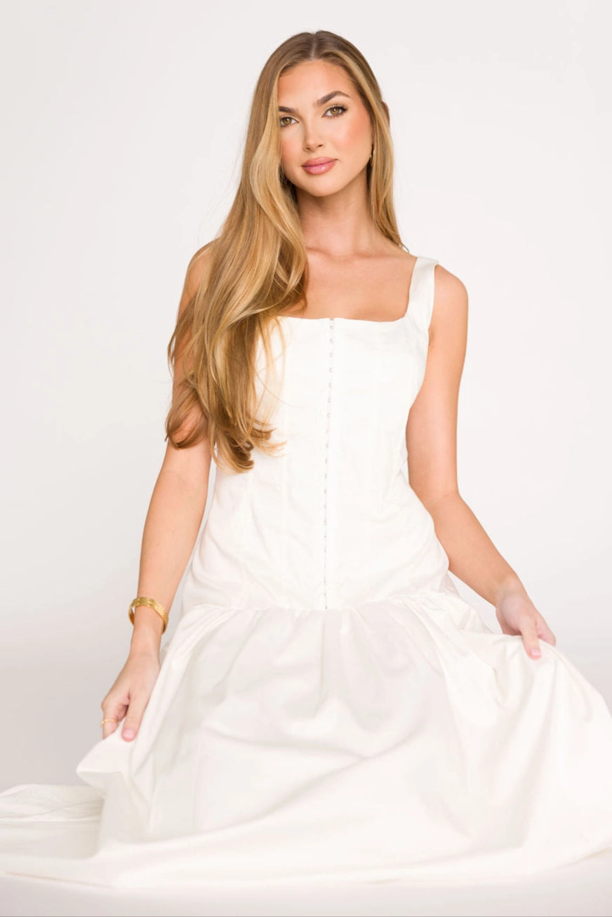 Sophisticated Fit Lounge Feel Violet Corset Style Drop Waist Midi Dress in Off-White *Final-Sale*