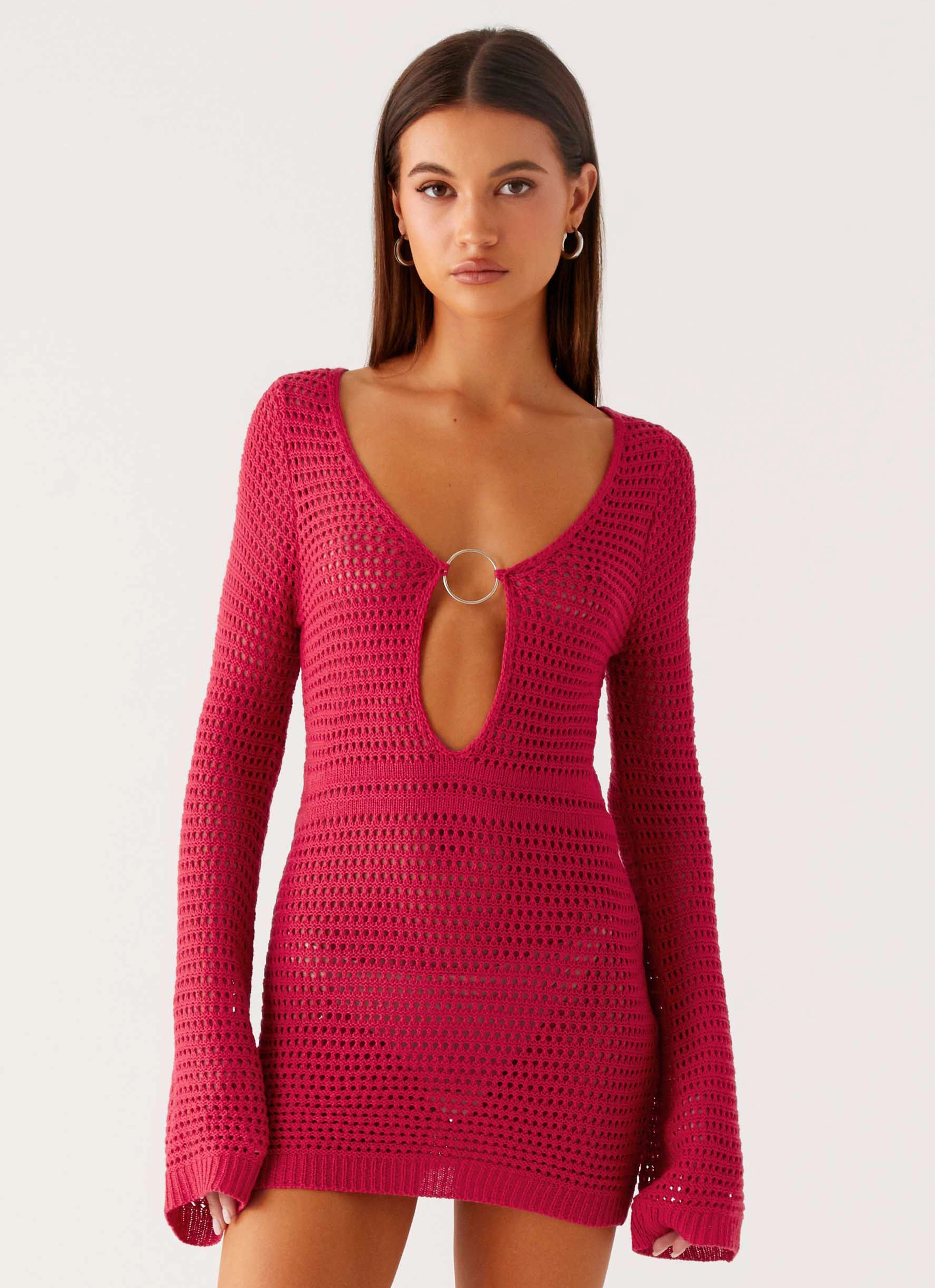 Formal-look Smart Shape Sunriser Crochet Mini Dress - Pink