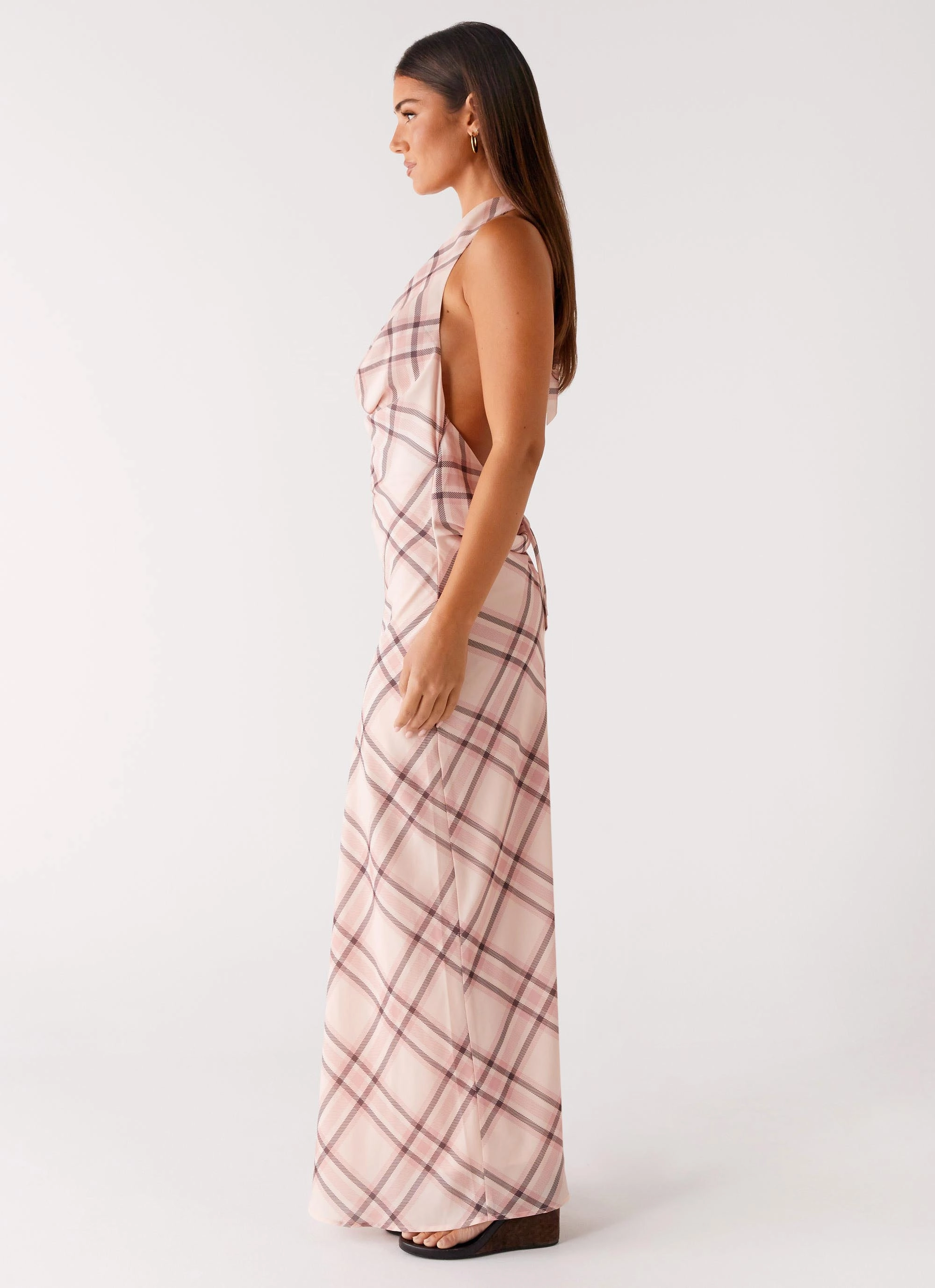 Muse Maxi Dress - Pink Check Feminine Energy Button-Cuff