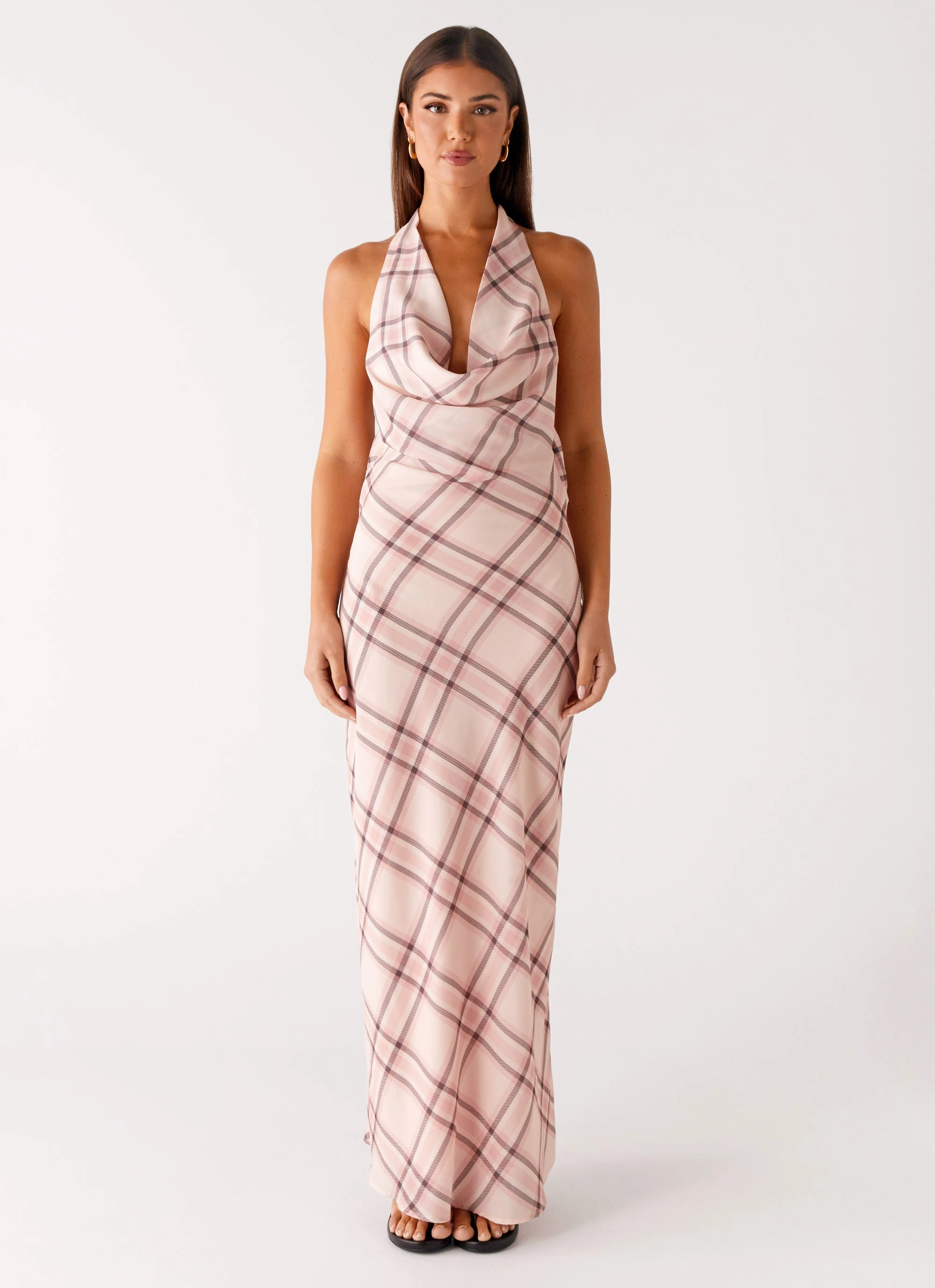 Ruched-Detail Muse Maxi Dress - Pink Check