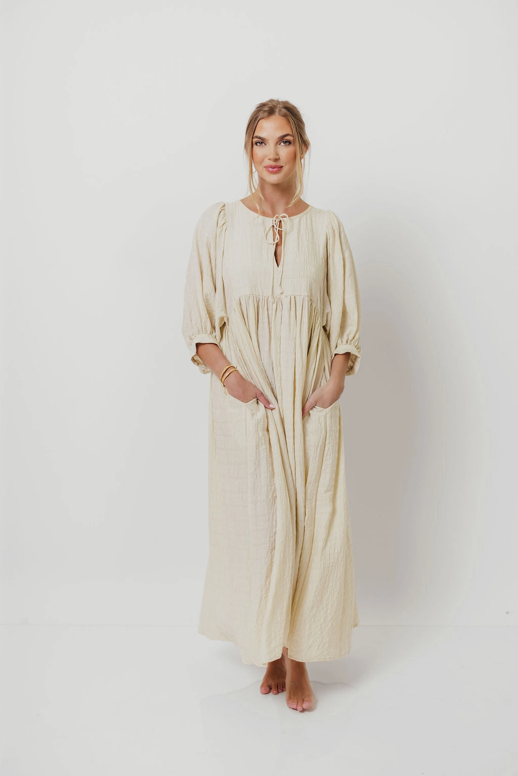 Artisanal-Detail Office Tone Nadia Soft Horizon Maxi Dress in Natural