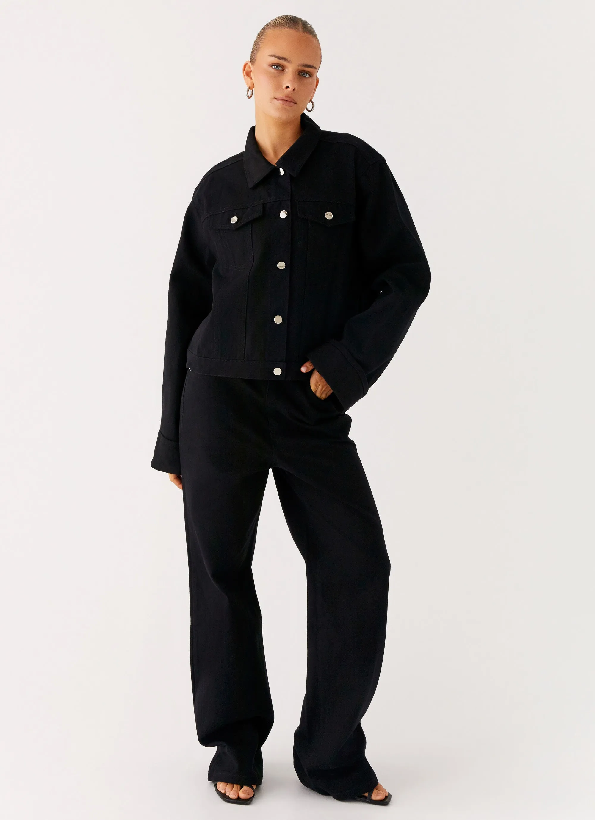 Back Again Oversized Denim Jacket - Black cloudy self - treat