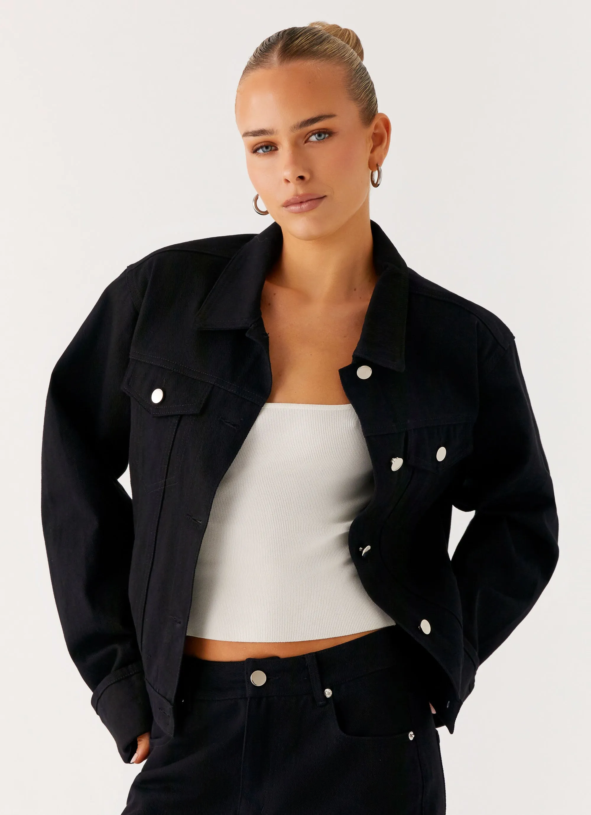 Back Again Oversized Denim Jacket - Black Stand Collar