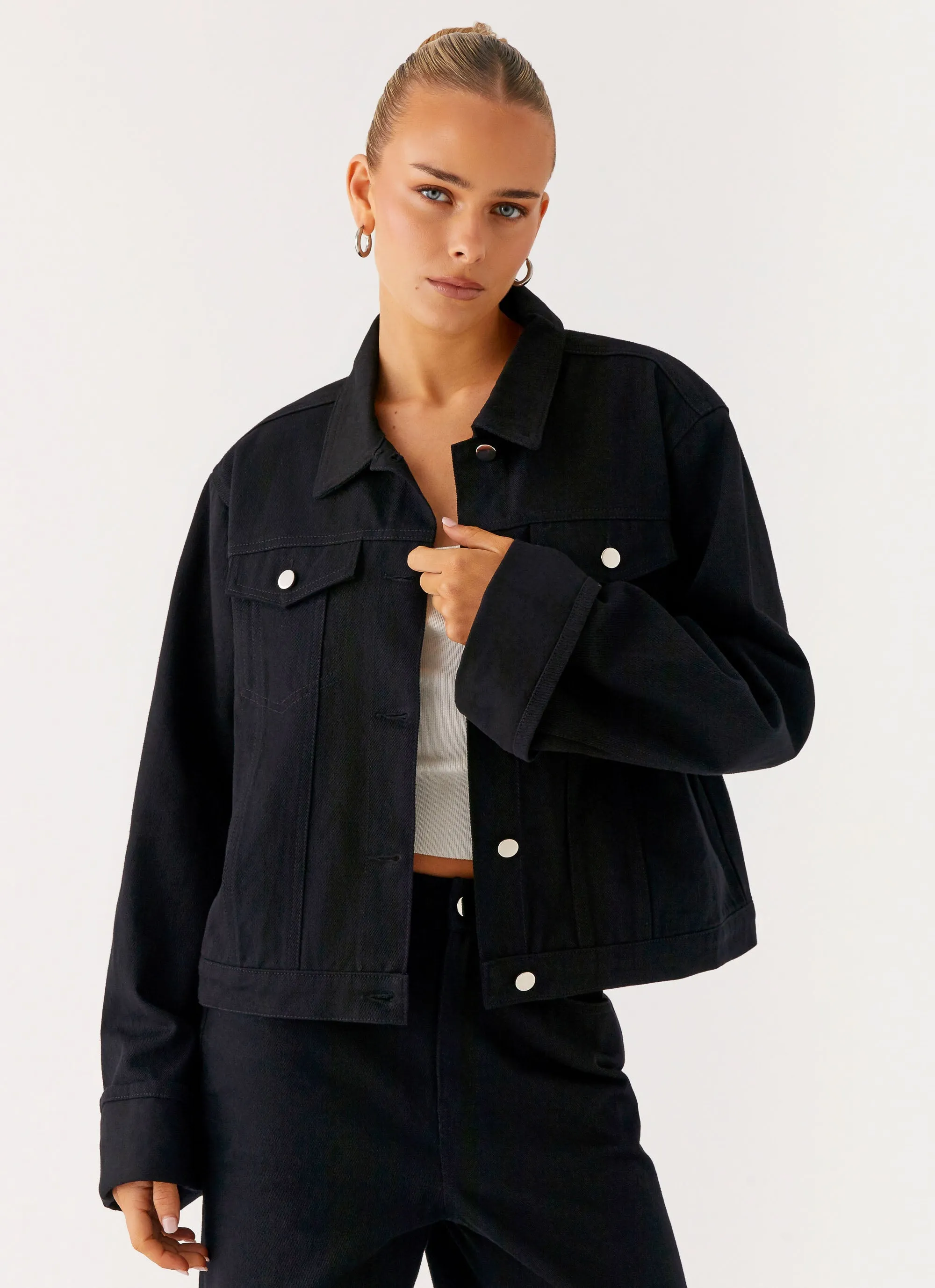 Involve HydrationCompatible Pocket Back Again Oversized Denim Jacket - Black