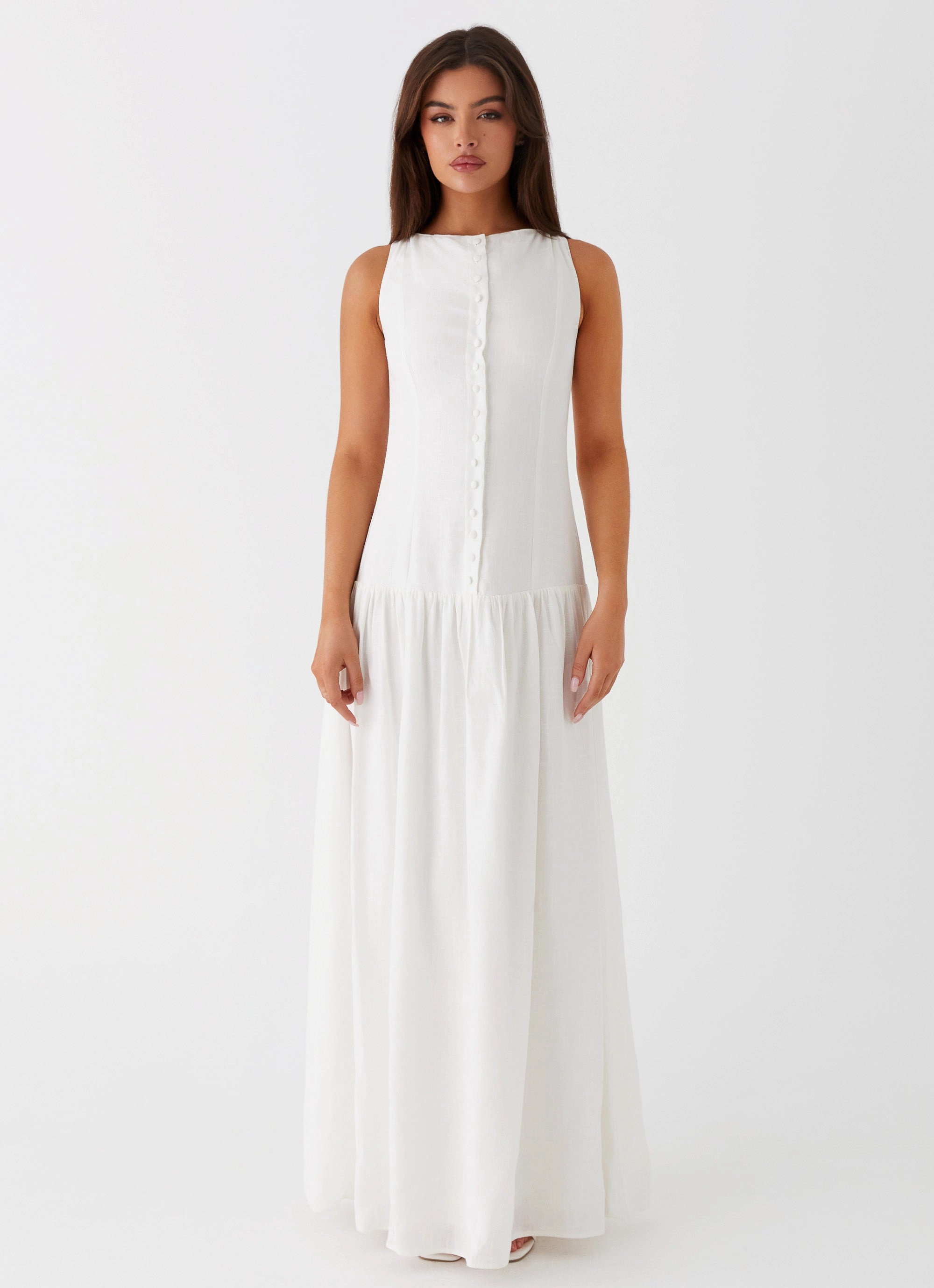 Meggie Linen Maxi Dress - White cut out