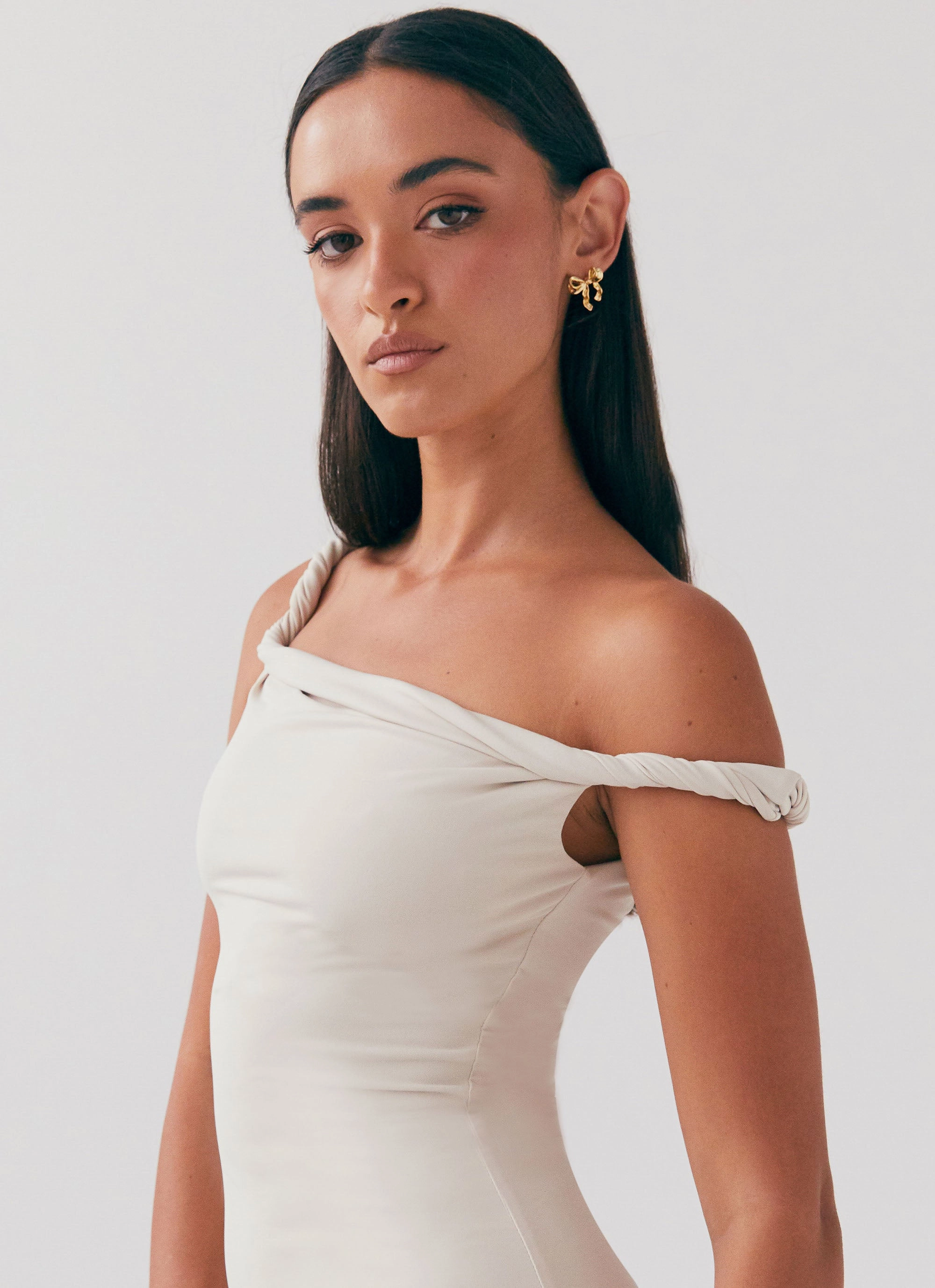 Silky Mood Arabella Twist Shoulder Maxi Dress - Beige