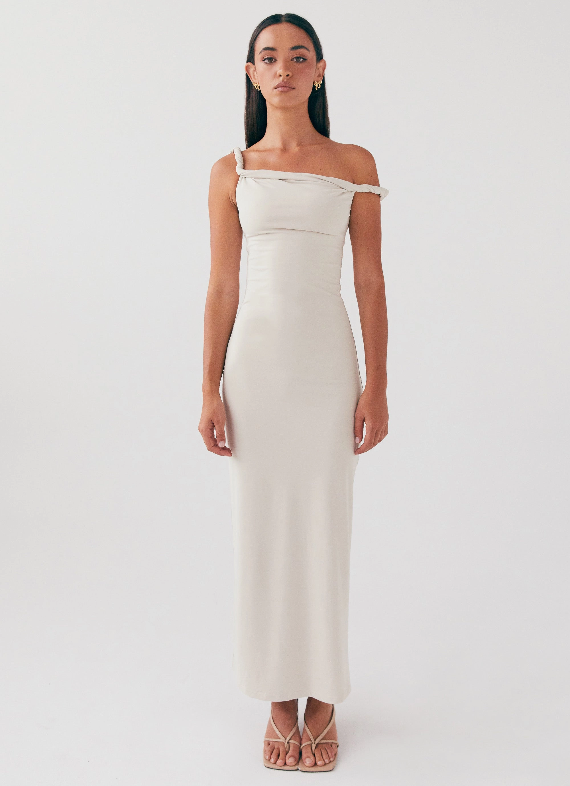 Arabella Twist Shoulder Maxi Dress - Beige Bow Glow TearResistantFabric