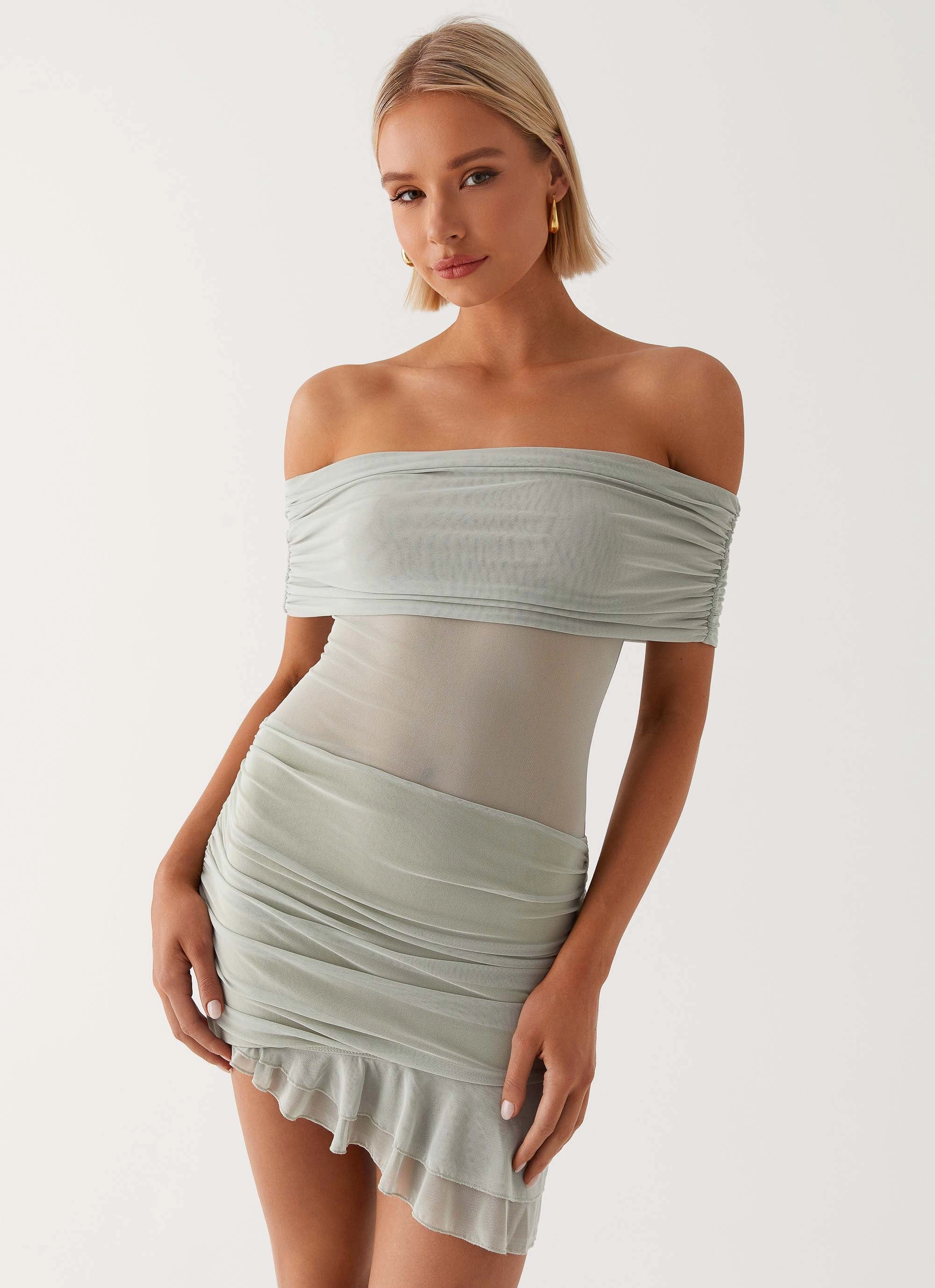 Nelly Off Shoulder Mini Dress - Pistachio Night Style Edge Shape