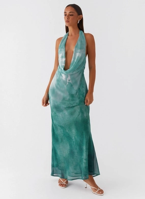 Nerissa Cowl Neck Maxi Dress - Green Tie Dye Weekend Chic