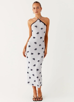 Olive Tone Classic Grace Nestel Flock Halter Midi Dress - Lilac