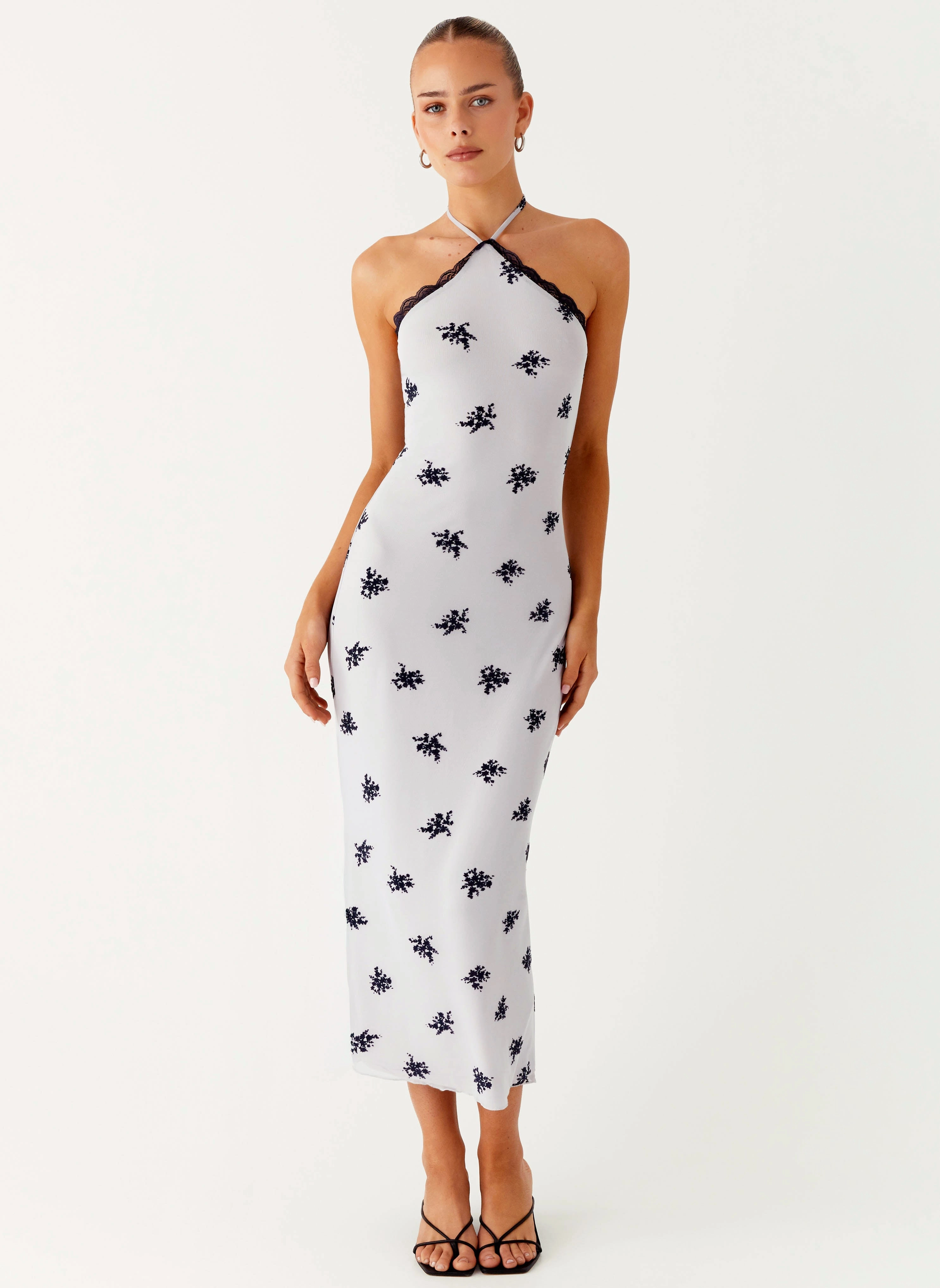 Olive Tone Classic Grace Nestel Flock Halter Midi Dress - Lilac