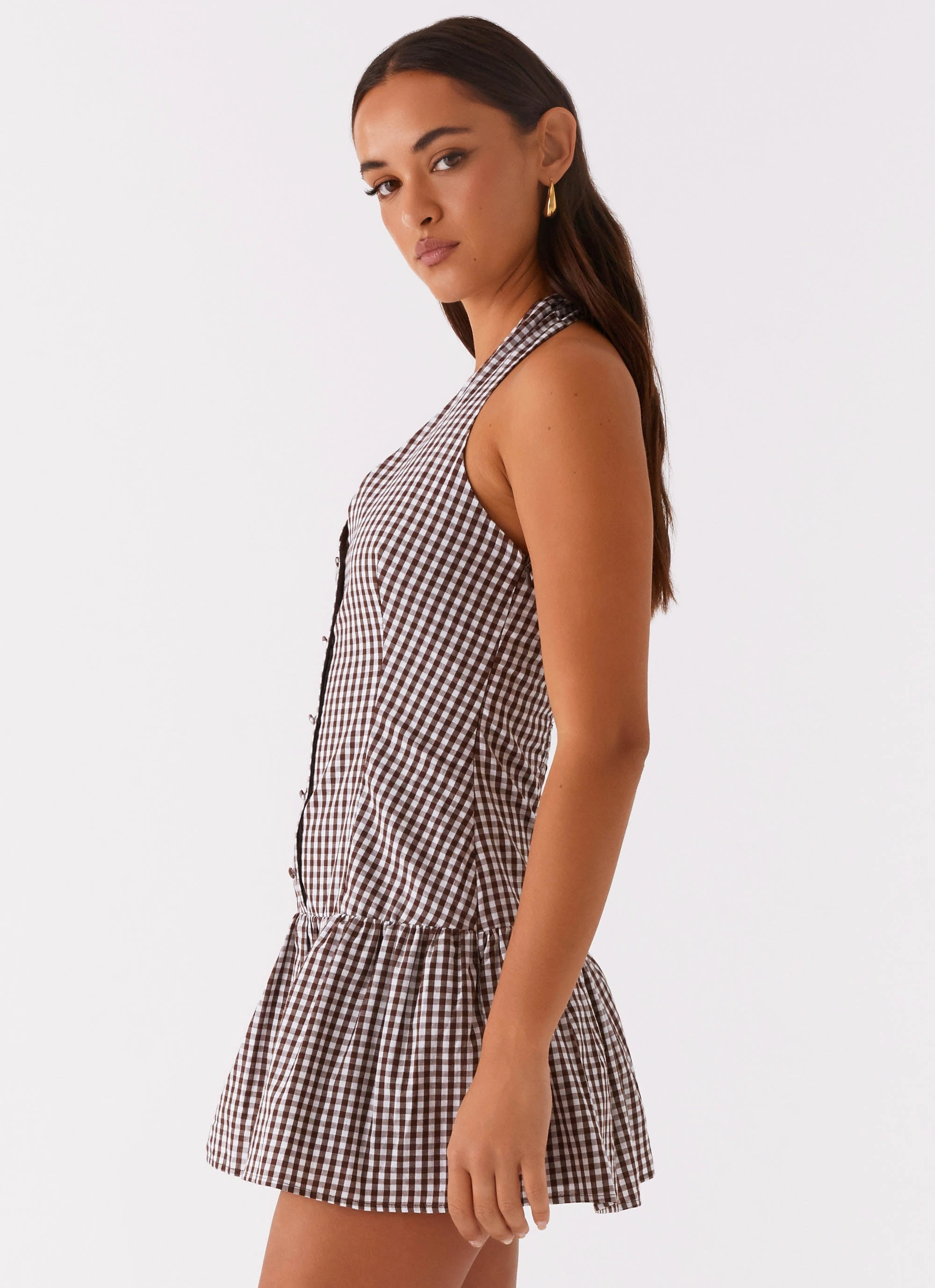 New Look Shirred Halter Mini Dress - Chocolate Gingham Event Favorite Smart and Chic