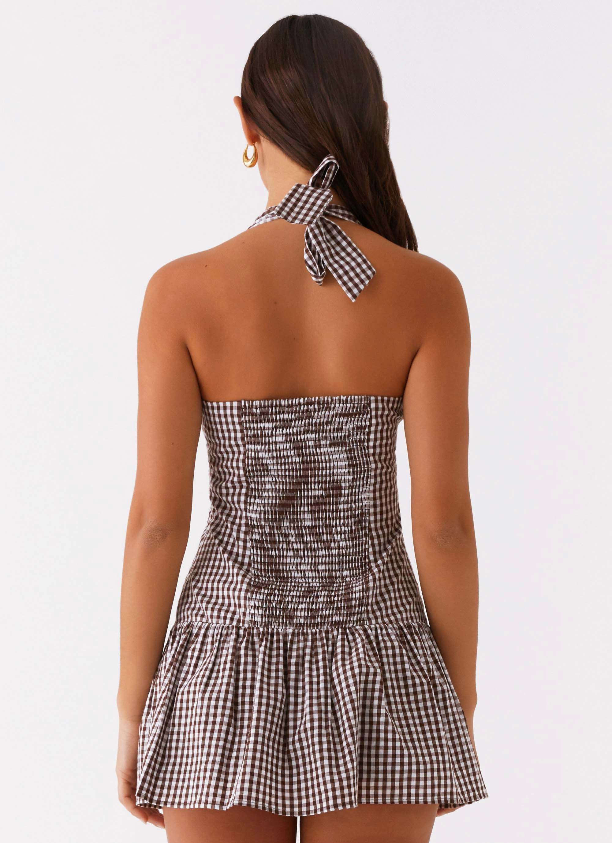 Pure Stitch New Look Shirred Halter Mini Dress - Chocolate Gingham