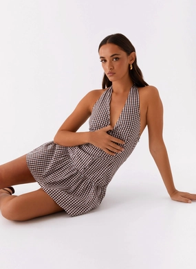New Look Shirred Halter Mini Dress - Chocolate Gingham Chill Piece Trendy Appearance