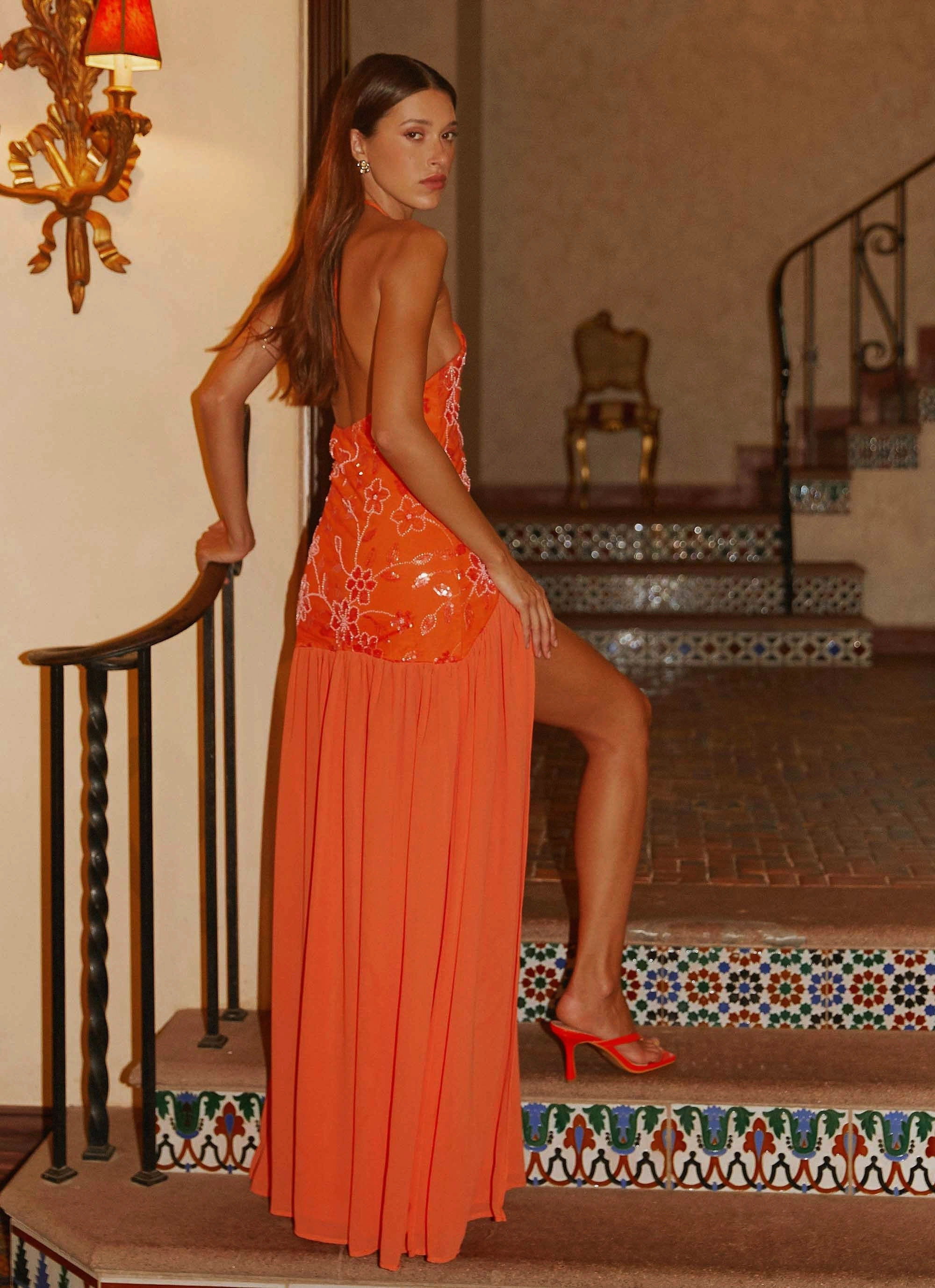 TaglessDesign Comfortable Silhouette Janelle Beaded Maxi Dress - Orange