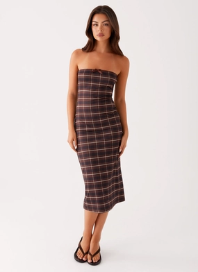 Niko Strapless Midi Dress - Brown Black Check Smart Comfort Sleek and Sleek