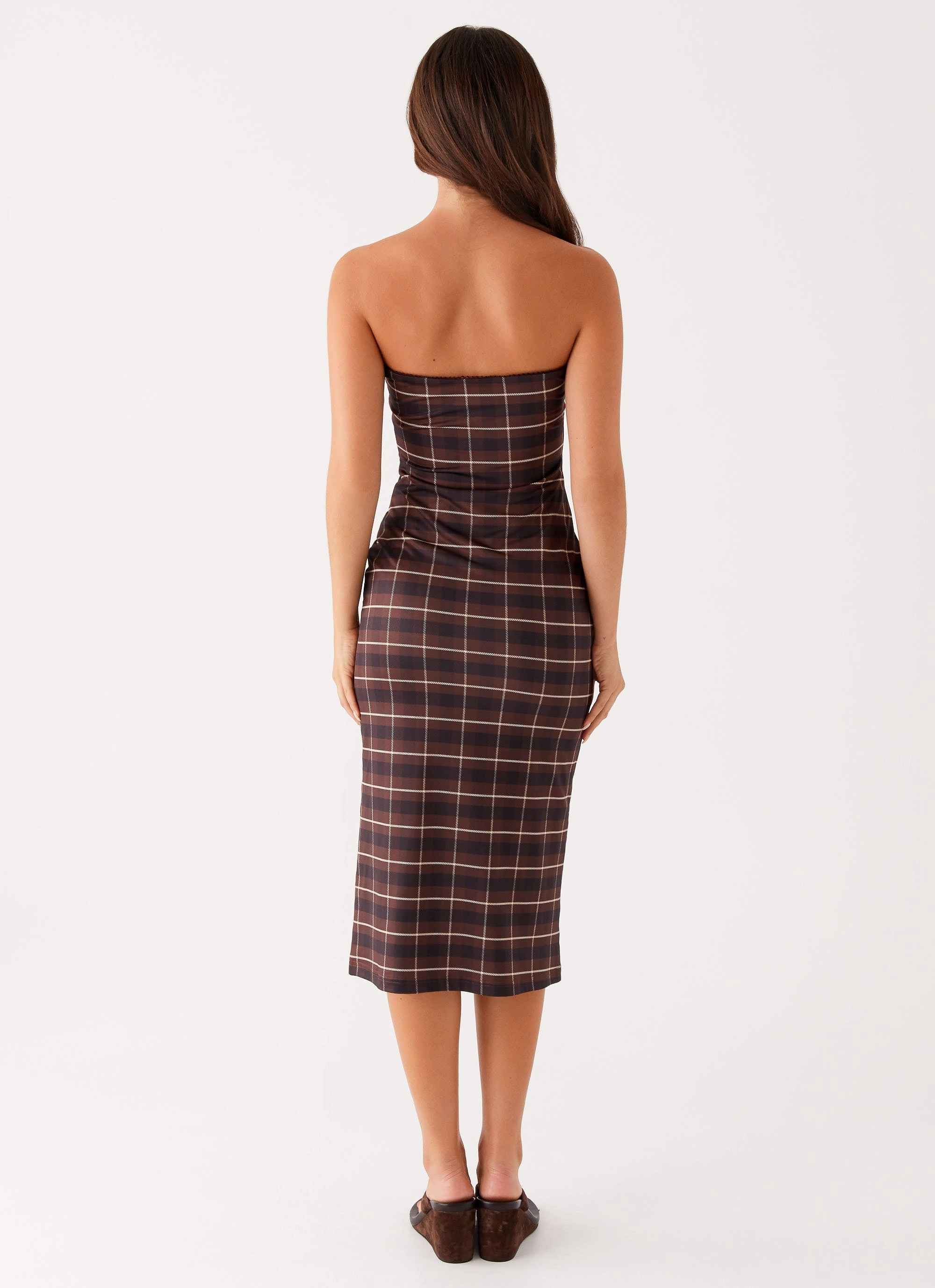 Artisanal-Detail Trend Movement Niko Strapless Midi Dress - Brown Black Check