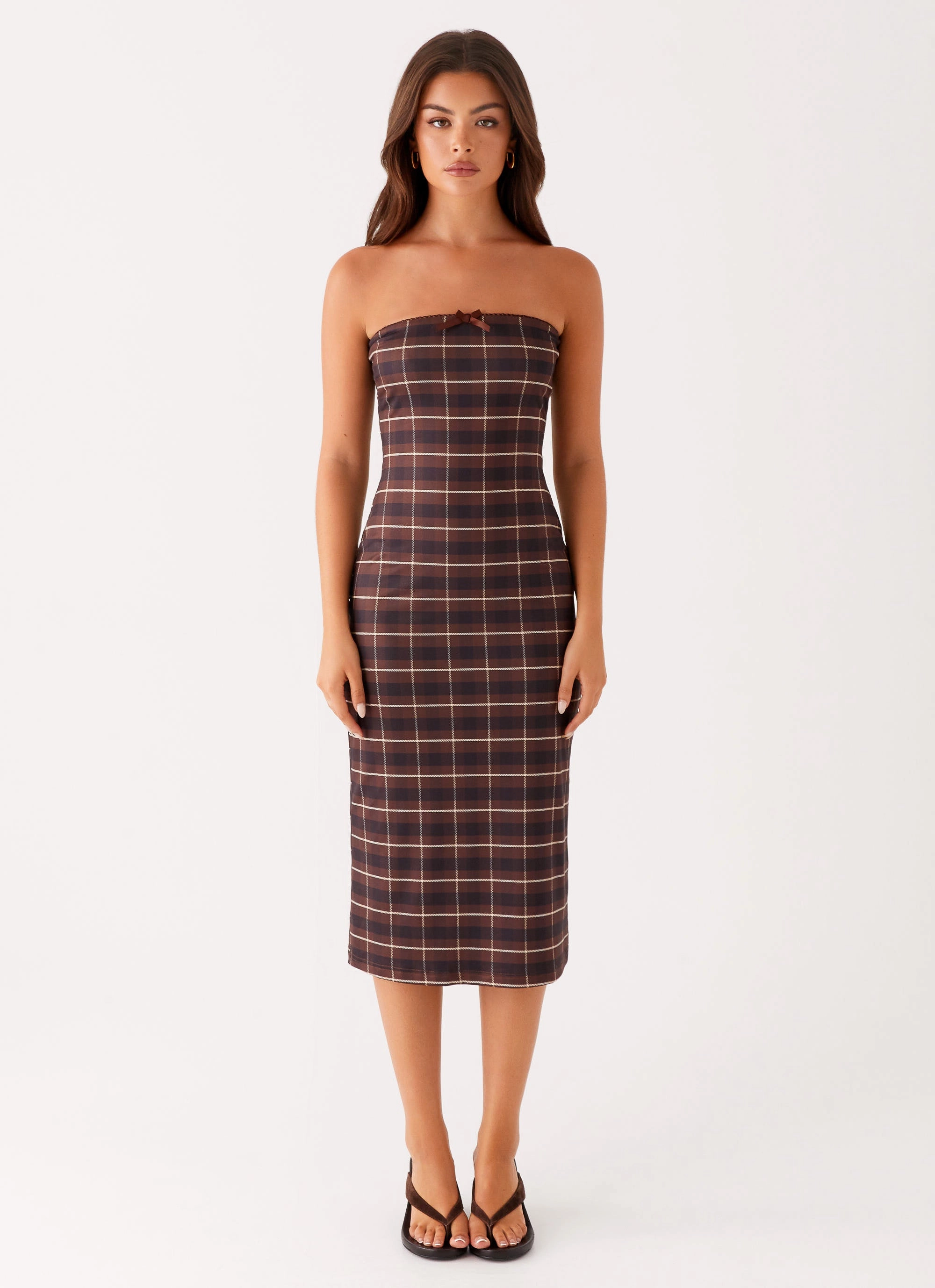 Niko Strapless Midi Dress - Brown Black Check Editor??s-Pick Countryside-Style