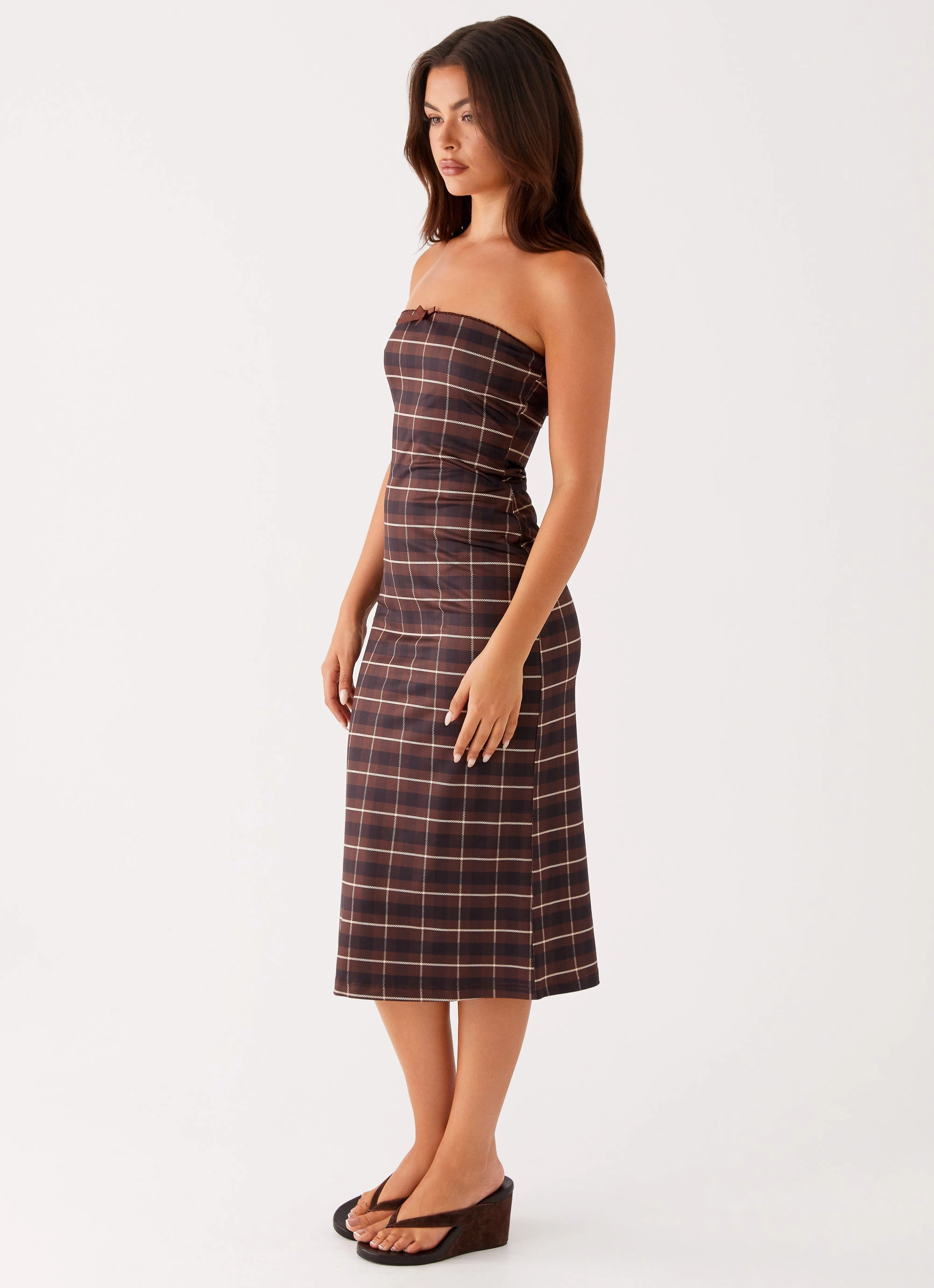 Niko Strapless Midi Dress - Brown Black Check Body Safe Soft Comfort