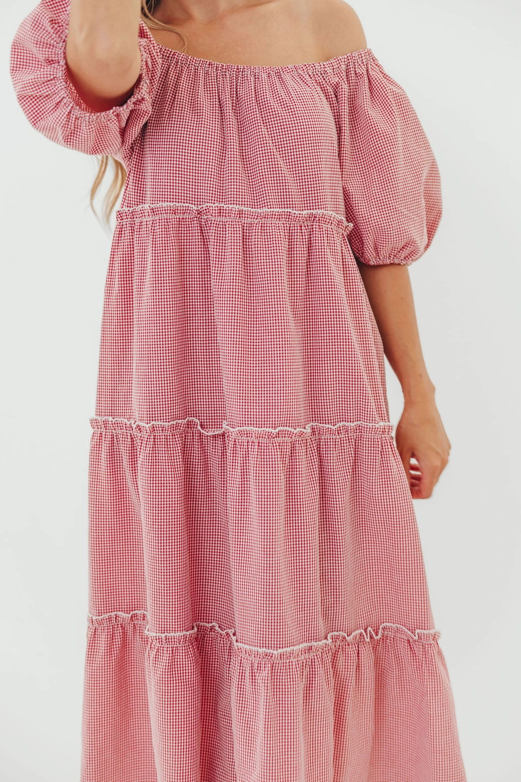 Nina 100% Cotton Gingham Tiered Midi Dress in Red/White Elastic-Waist