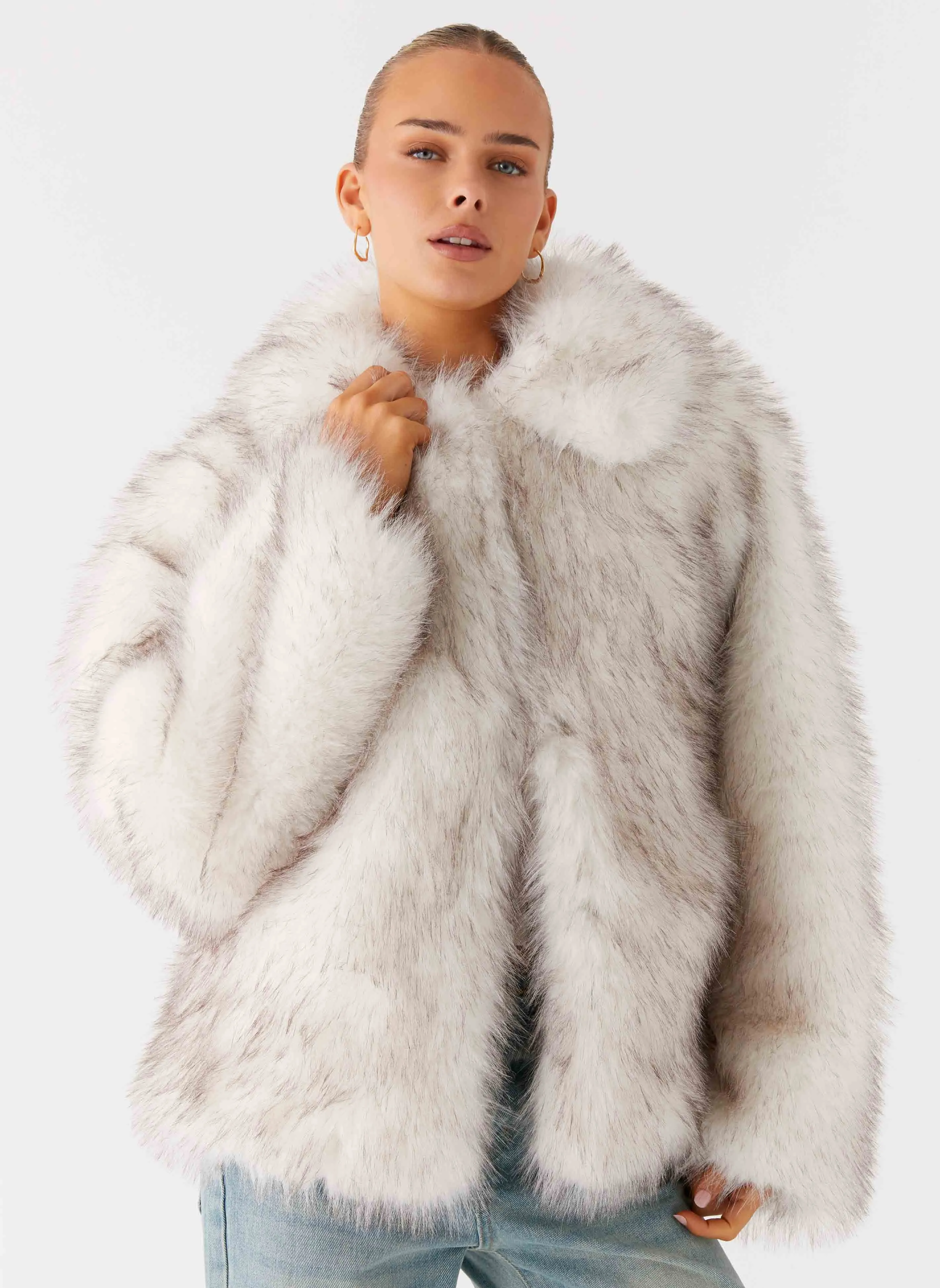 Novera Faux Fur Jacket - White Grey Low Profile Fasteners Youth