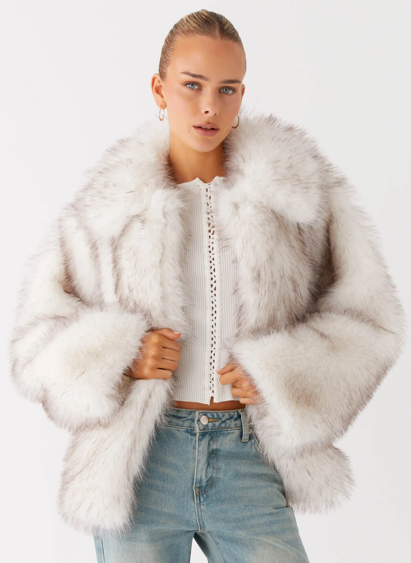 Novera Faux Fur Jacket - White Grey Investment Light Rain
