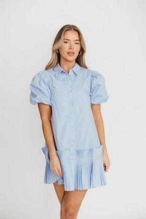 Matte-Lining Relaxed and stylish Alicia Pleated Hem Mini Dress in Powder Blue *Final-Sale*