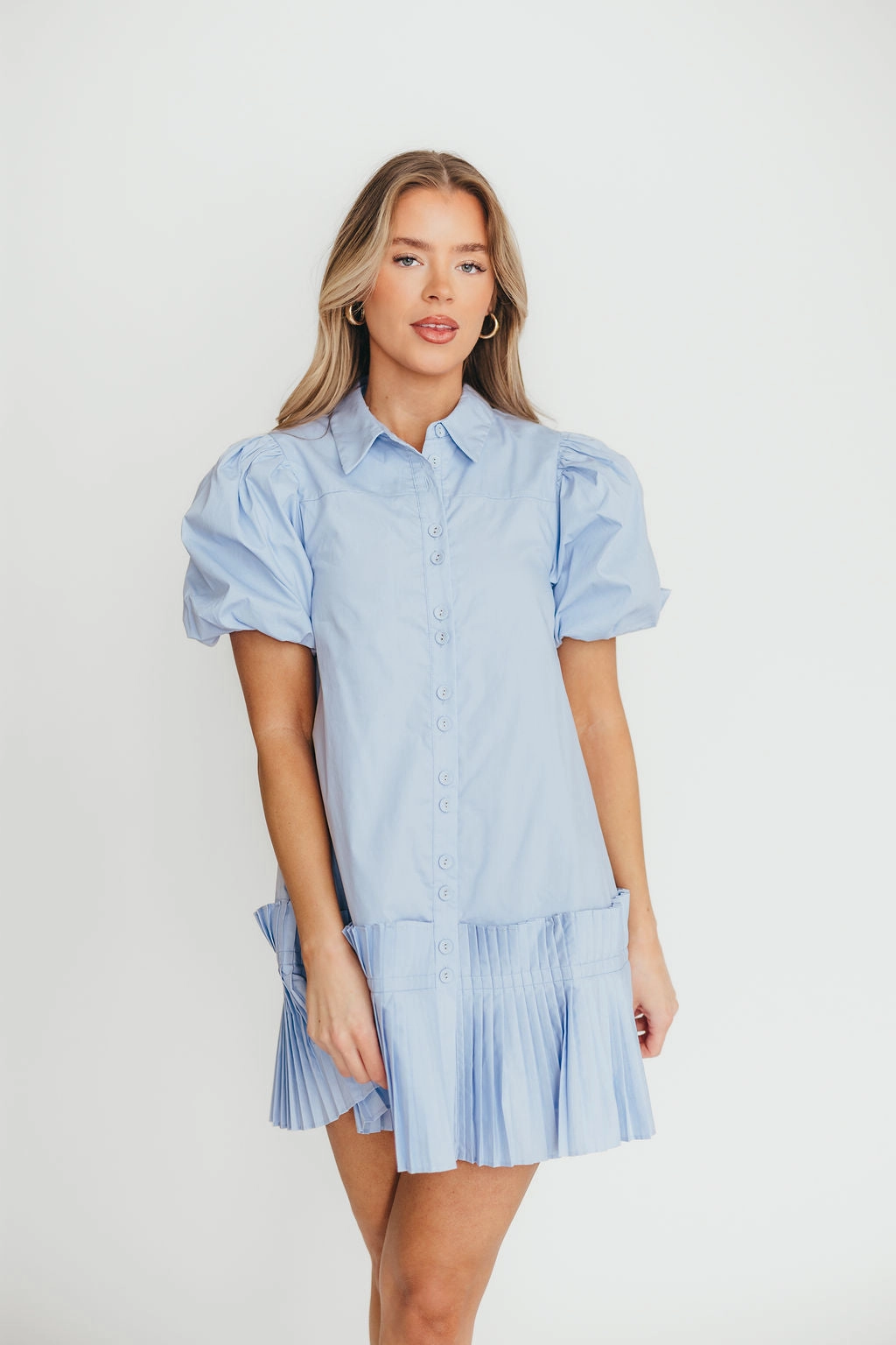 All-Day Wear Trendy Fit Look Alicia Pleated Hem Mini Dress in Powder Blue *Final-Sale*
