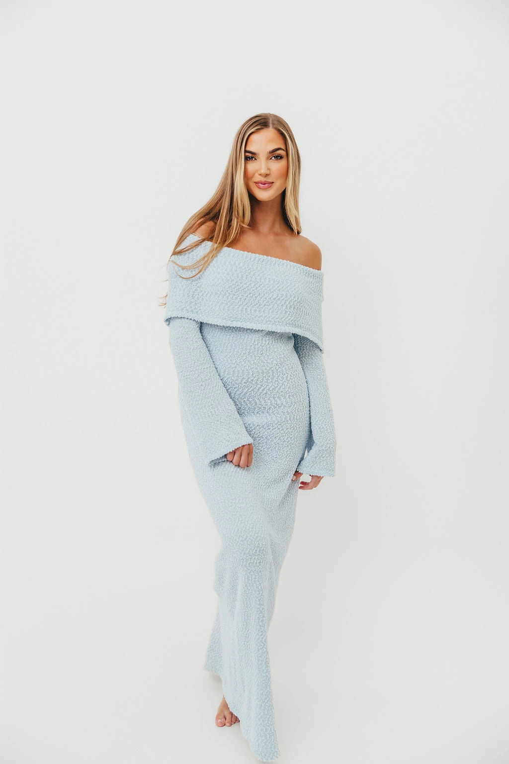 Nora Knit Maxi Dress in Dusty Blue - Bump Friendly Eye Catching