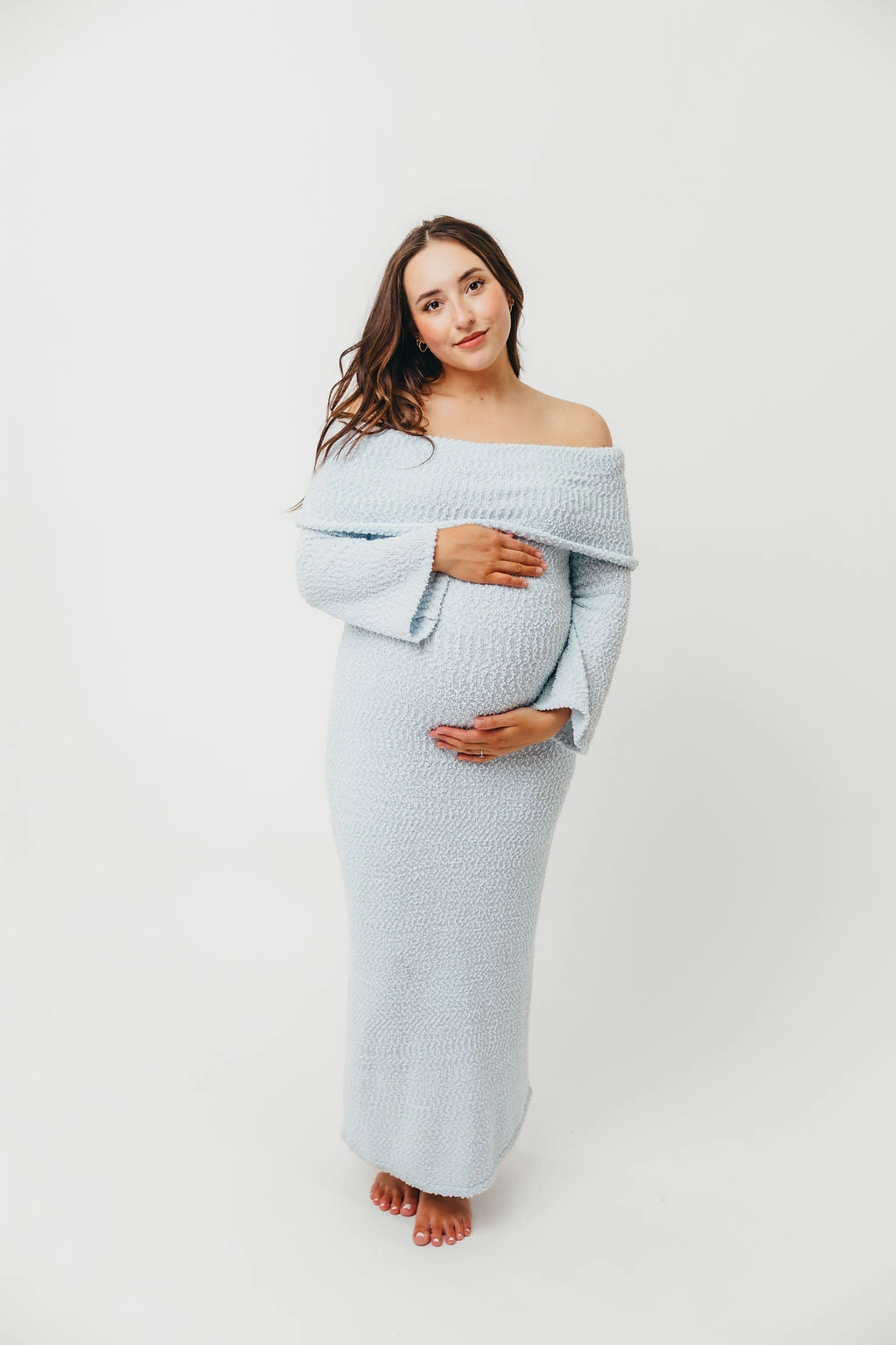 Nora Knit Maxi Dress in Dusty Blue - Bump Friendly Natural Drape