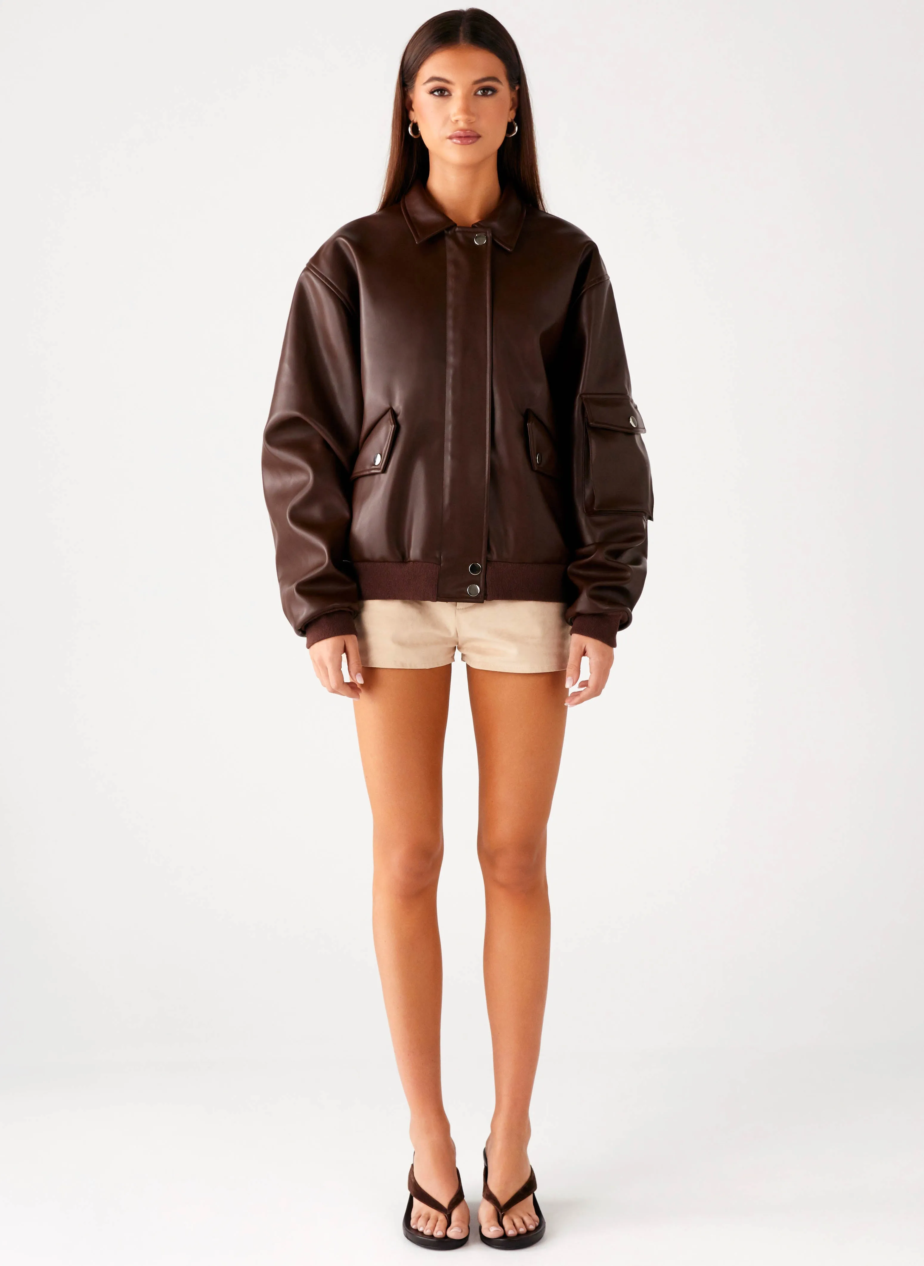 Indara Bomber Jacket - Chocolate Secure Zip Pockets Oversized