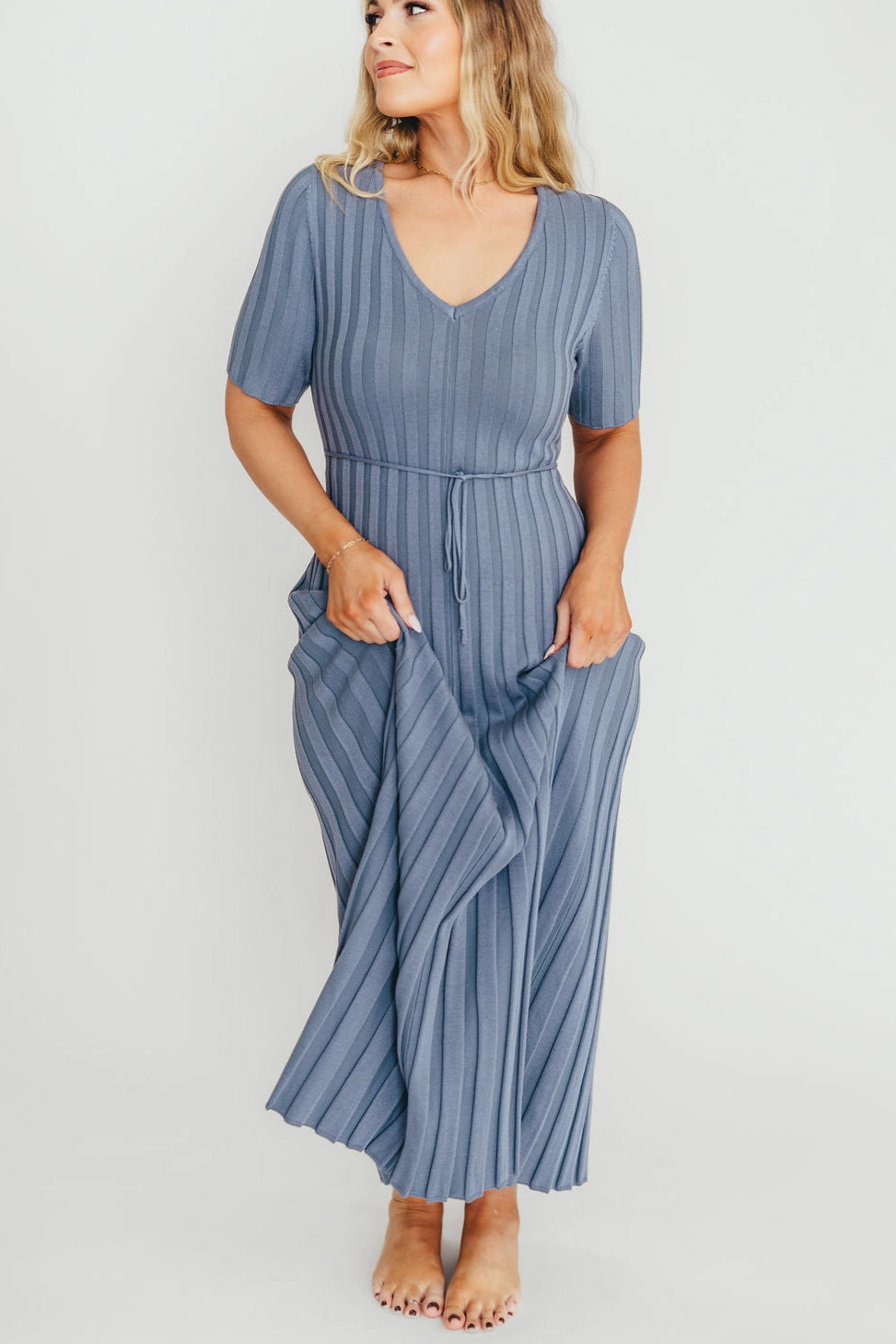 Comfort Layer Pearl-Detail Oakley Ribbed Maxi Dress in Dusty Blue - Bump Friendly *Final-Sale*