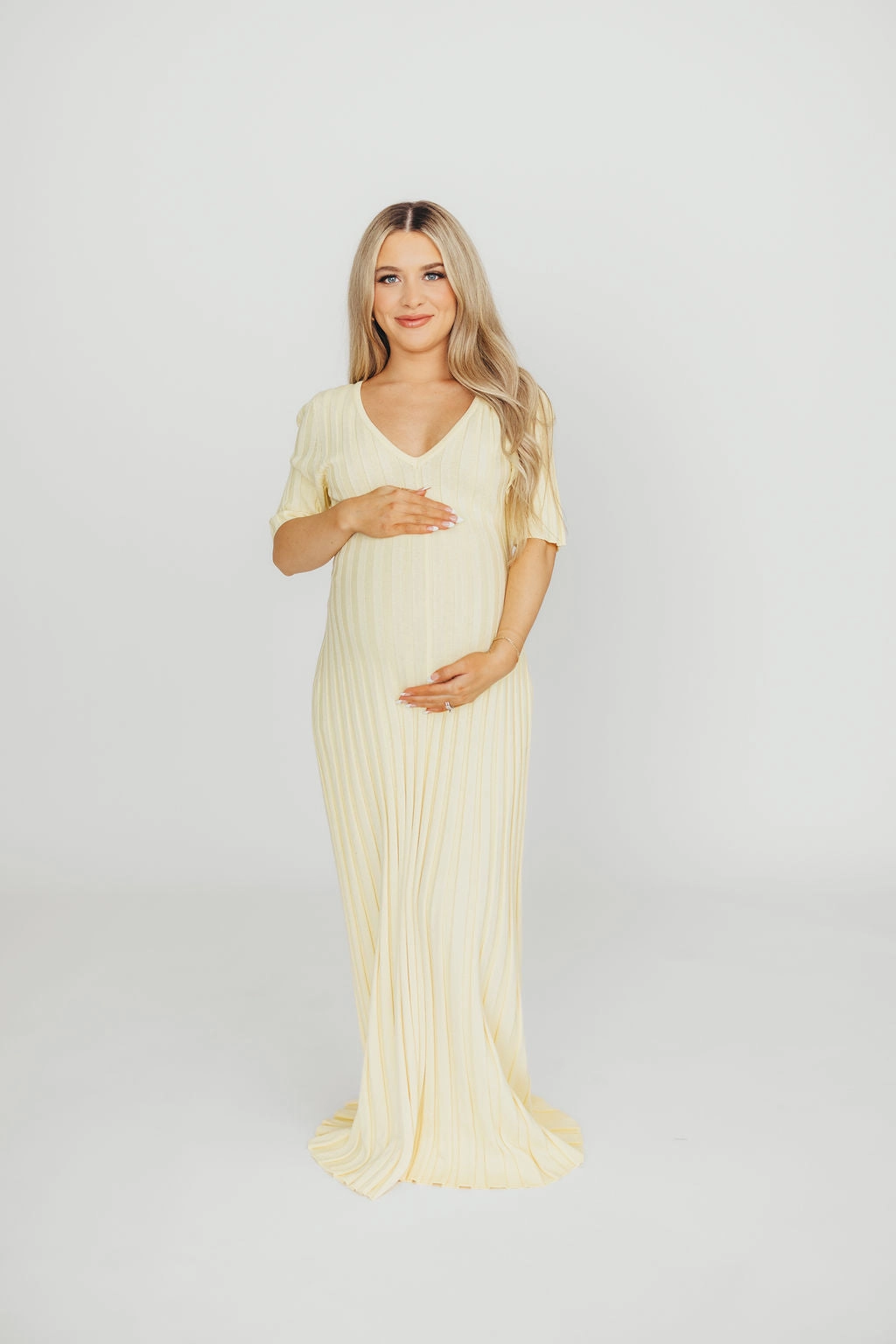 Oakley Ribbed Maxi Dress in Light Yellow - Bump Friendly *Final-Sale* Multi Season High Waist