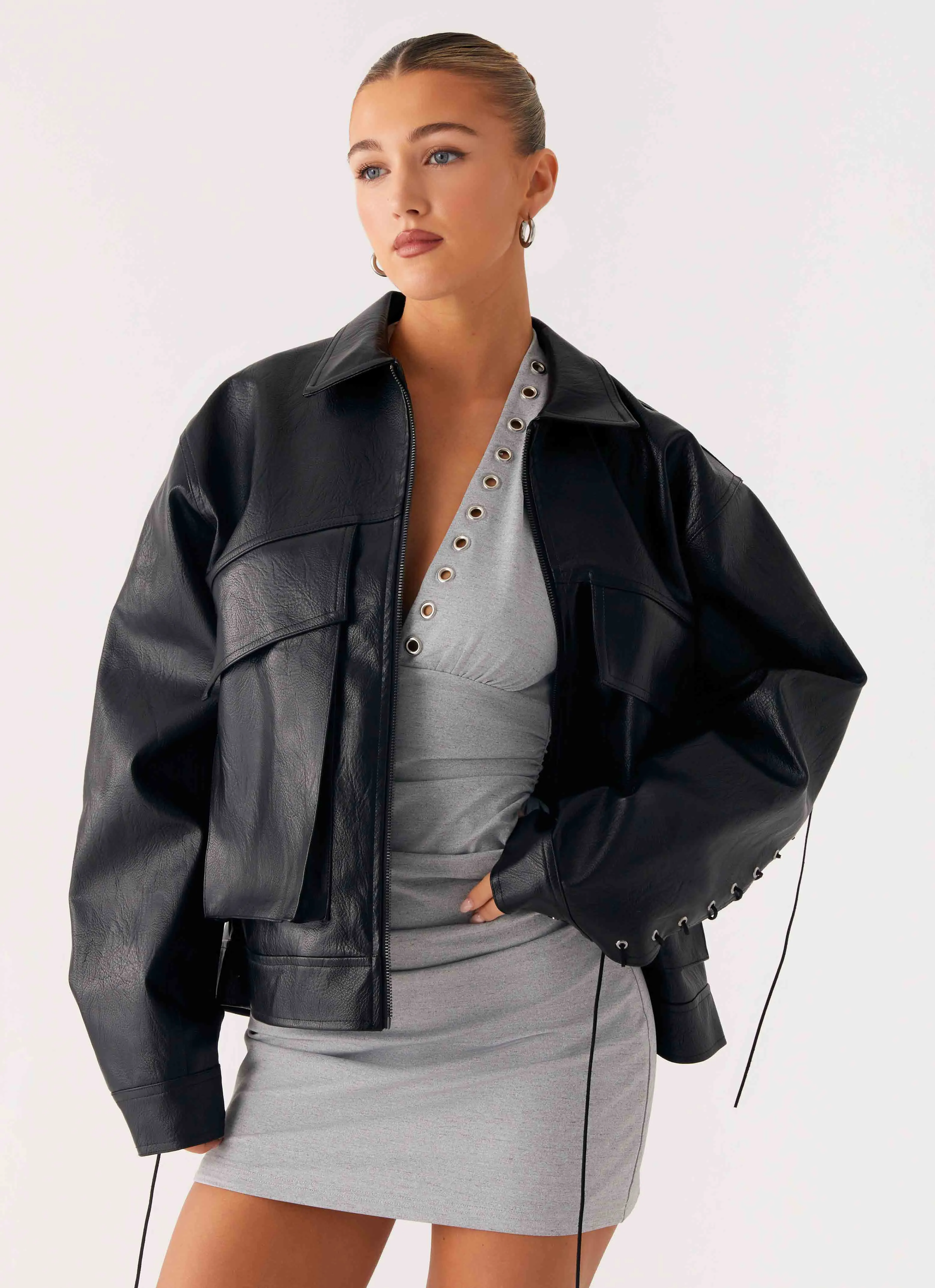 Lula Tassle Faux Leather Bomber Jacket - Black Sporty Design Attention