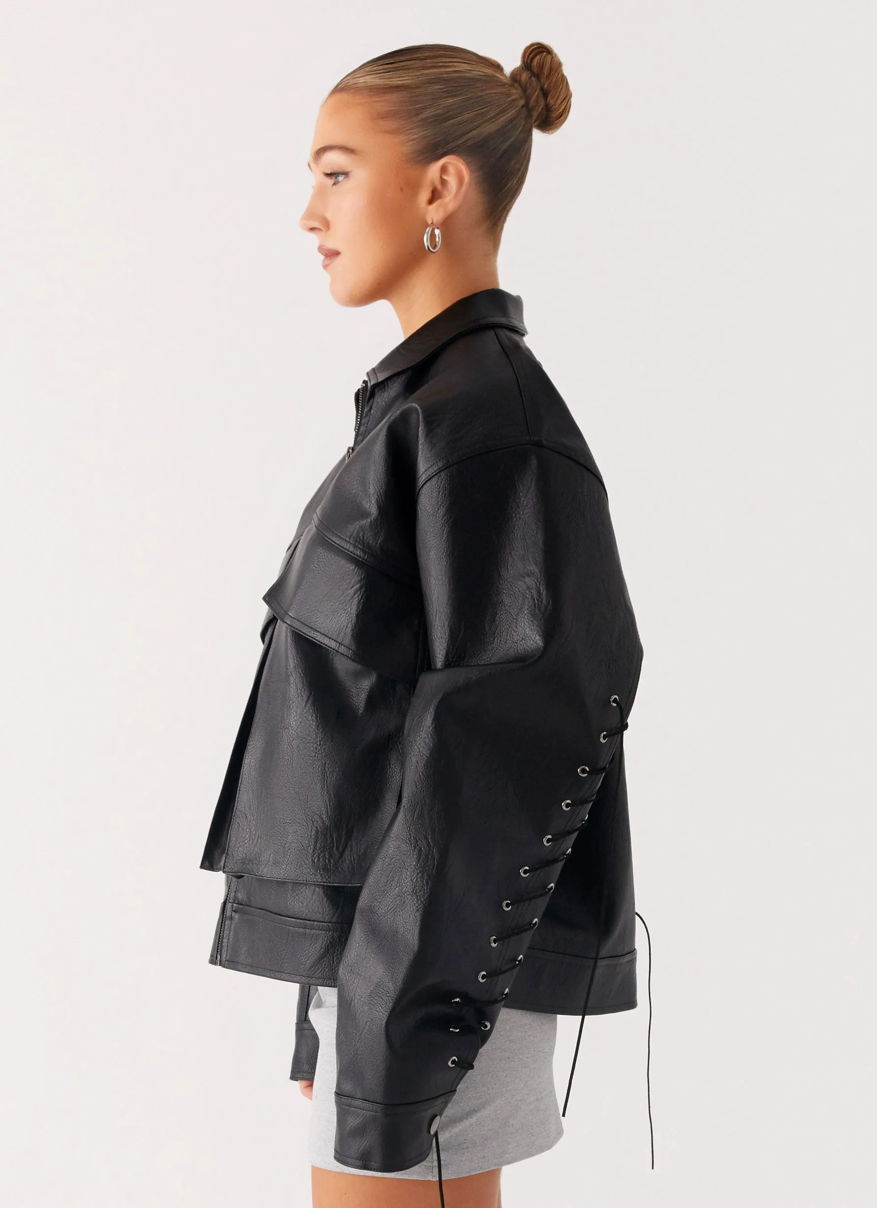 Light Reflective Logos Lula Tassle Faux Leather Bomber Jacket - Black