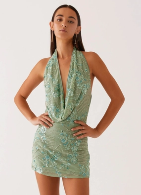 Breeze Grace Olisa Cowl Neck Beaded Mini Dress - Mint