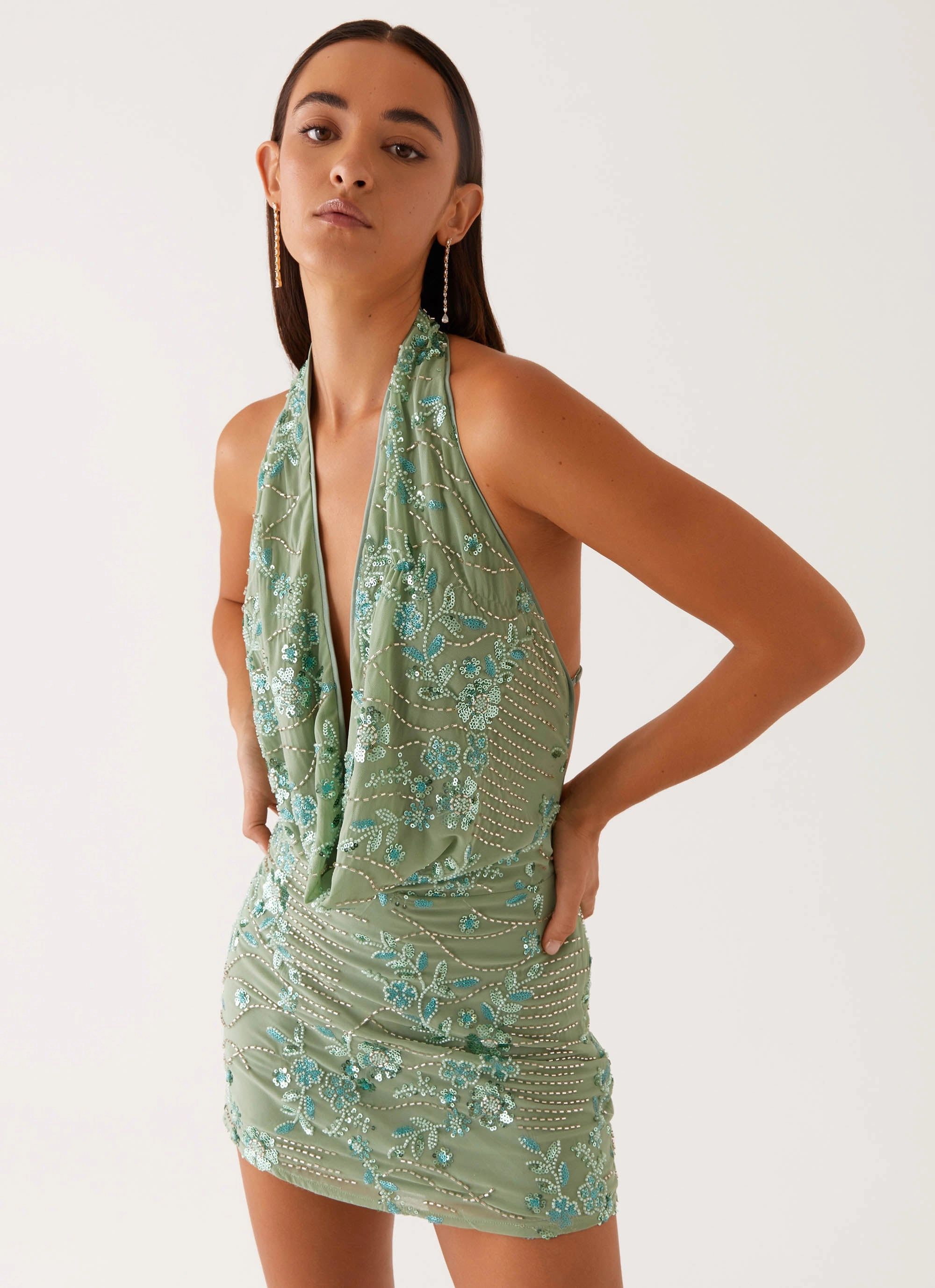 Olisa Cowl Neck Beaded Mini Dress - Mint Soft-touch