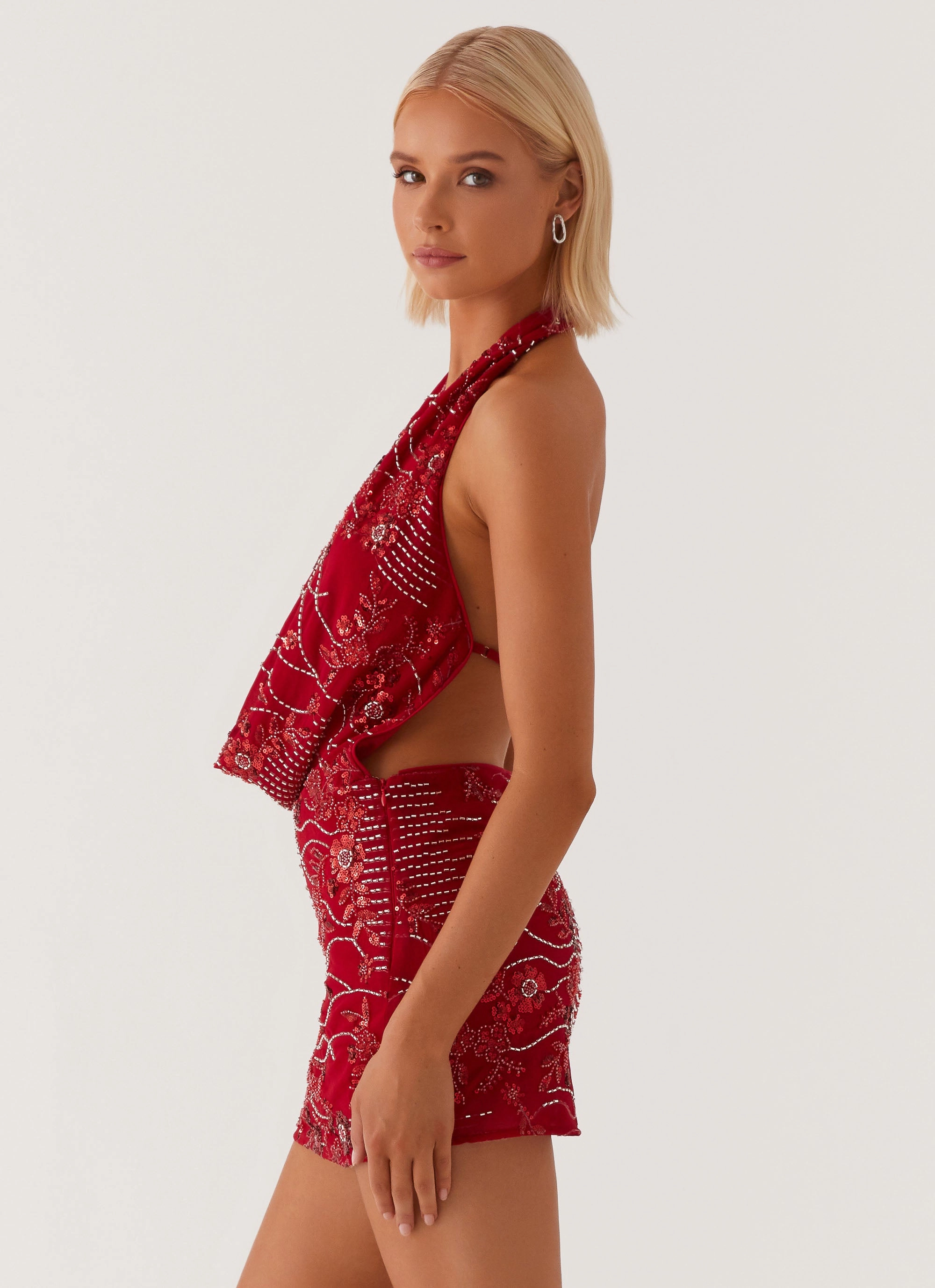 Olisa Cowl Neck Beaded Mini Dress - Red London Edge Silky Layer