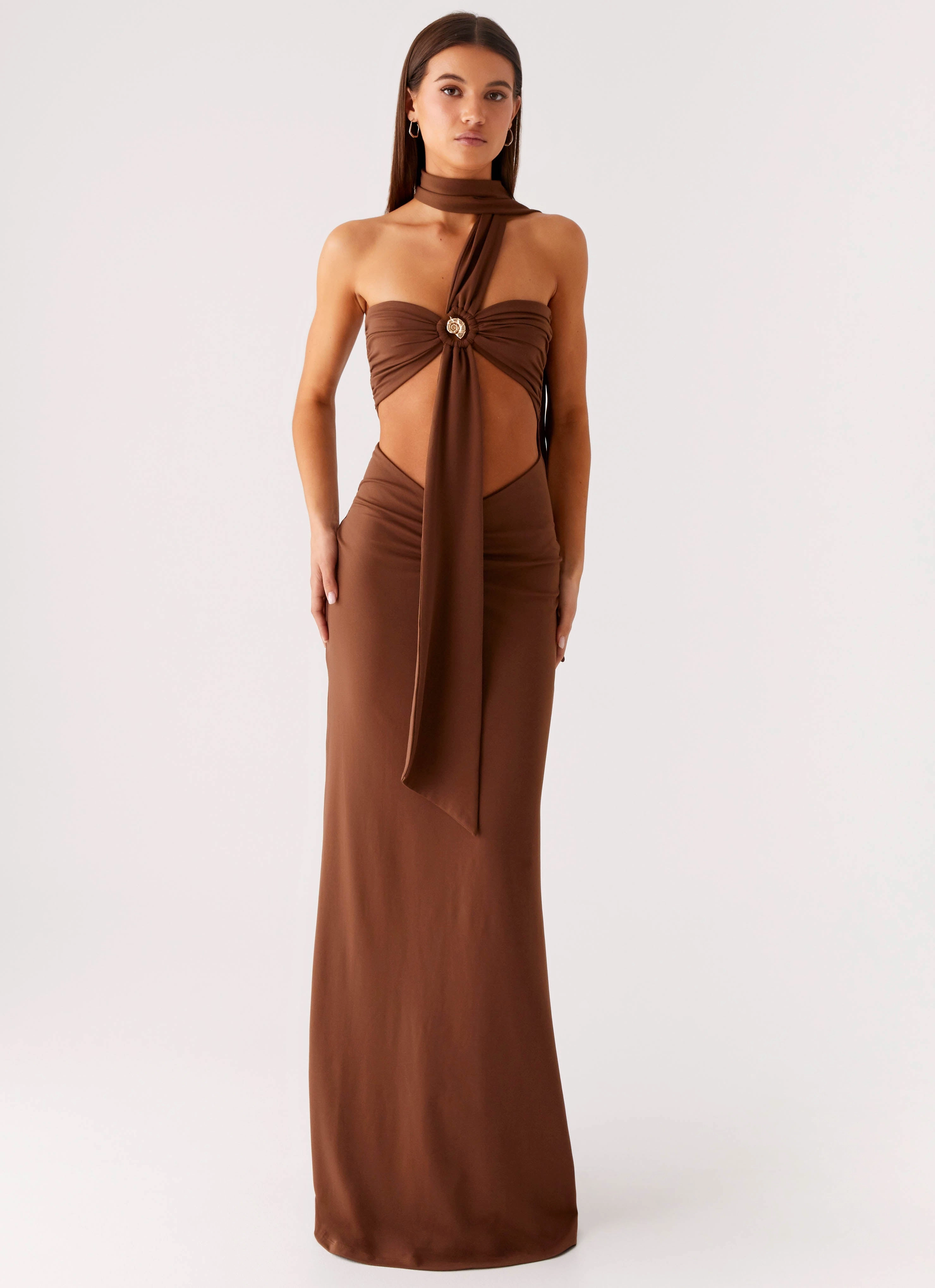 Modern Silhouette Lightweight-Structure Olive Bloom Maxi Dress - Chocolate