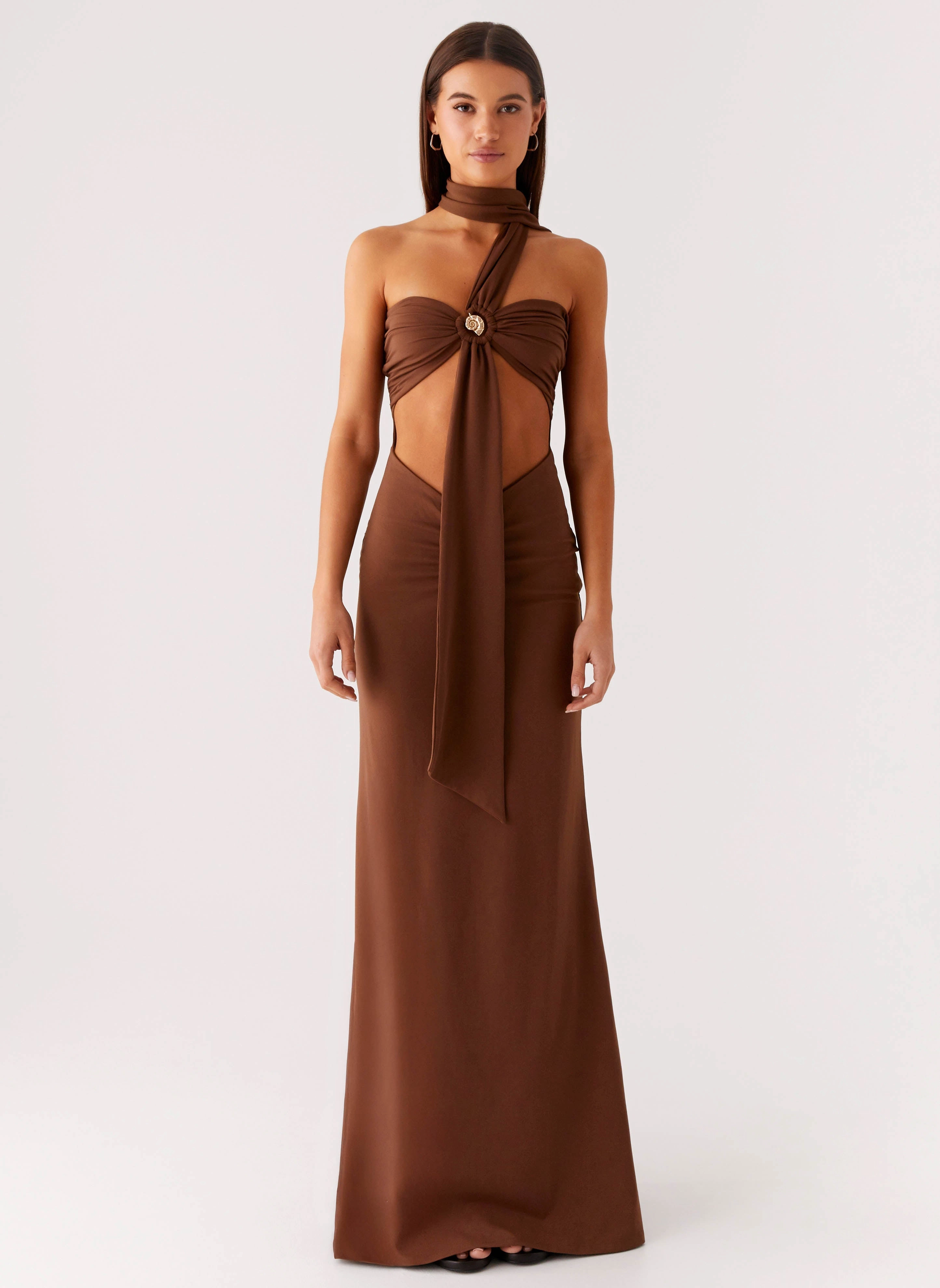 Evening Vibe Chic and Flattering Olive Bloom Maxi Dress - Chocolate