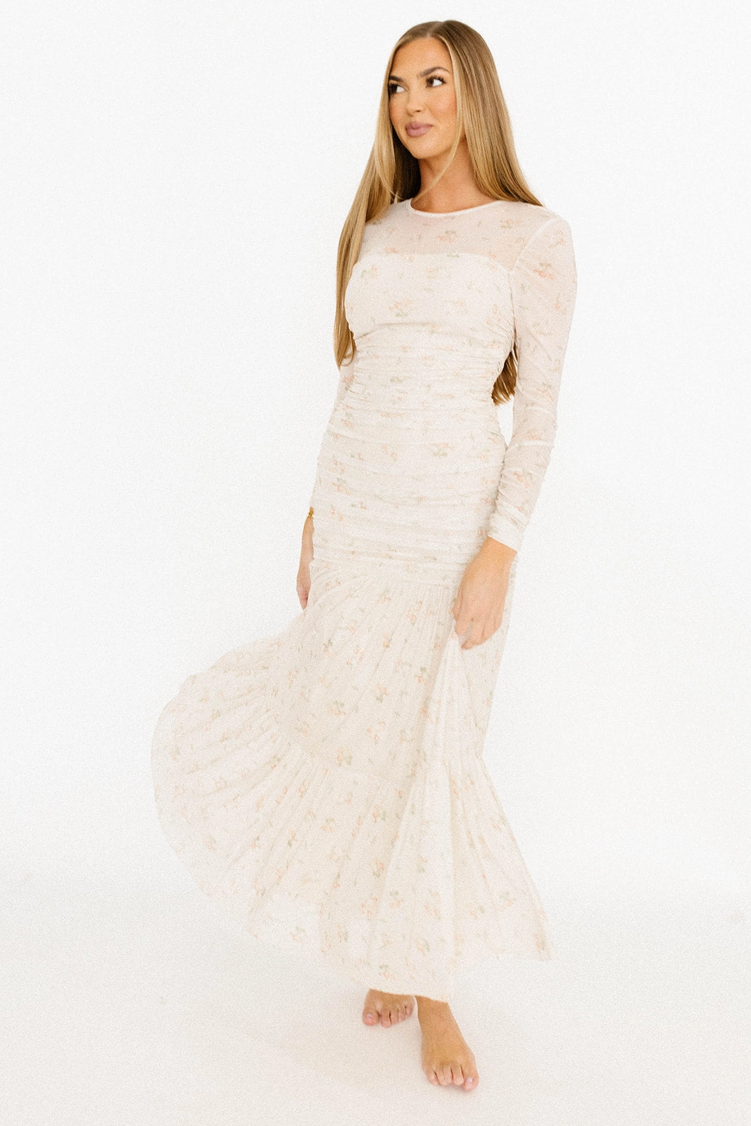 Camille Mesh Gathered Side Seam Maxi Dress in Nude Multi Floral - Bump Friendly Casual Chic