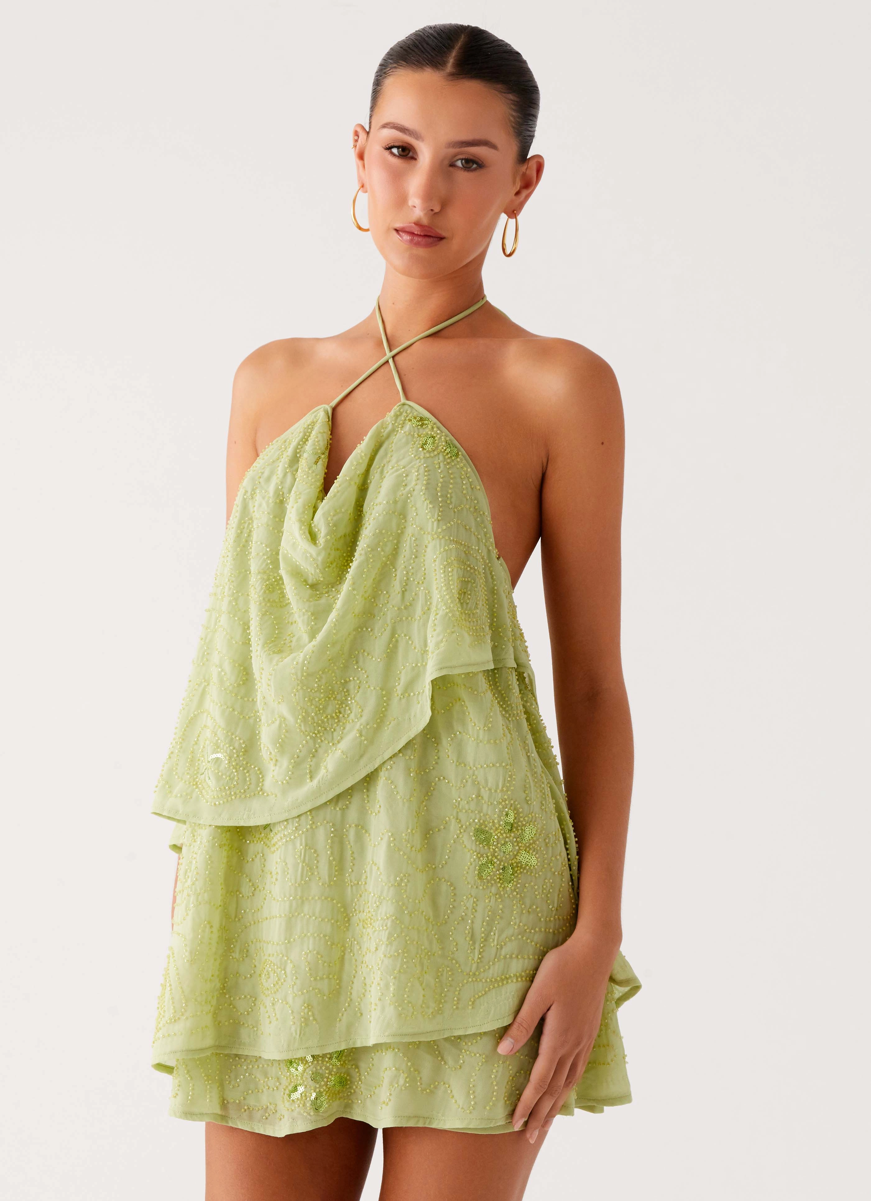 On The Go Beaded Mini Dress - Mint Gentle Aesthetic