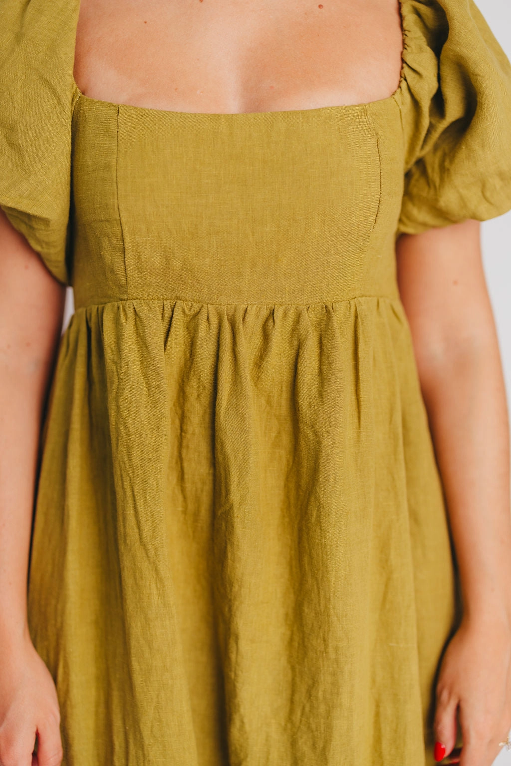 Candace Maxi Dress in Olive - 100% Linen - Bump Friendly Countryside-Style Bow Soft