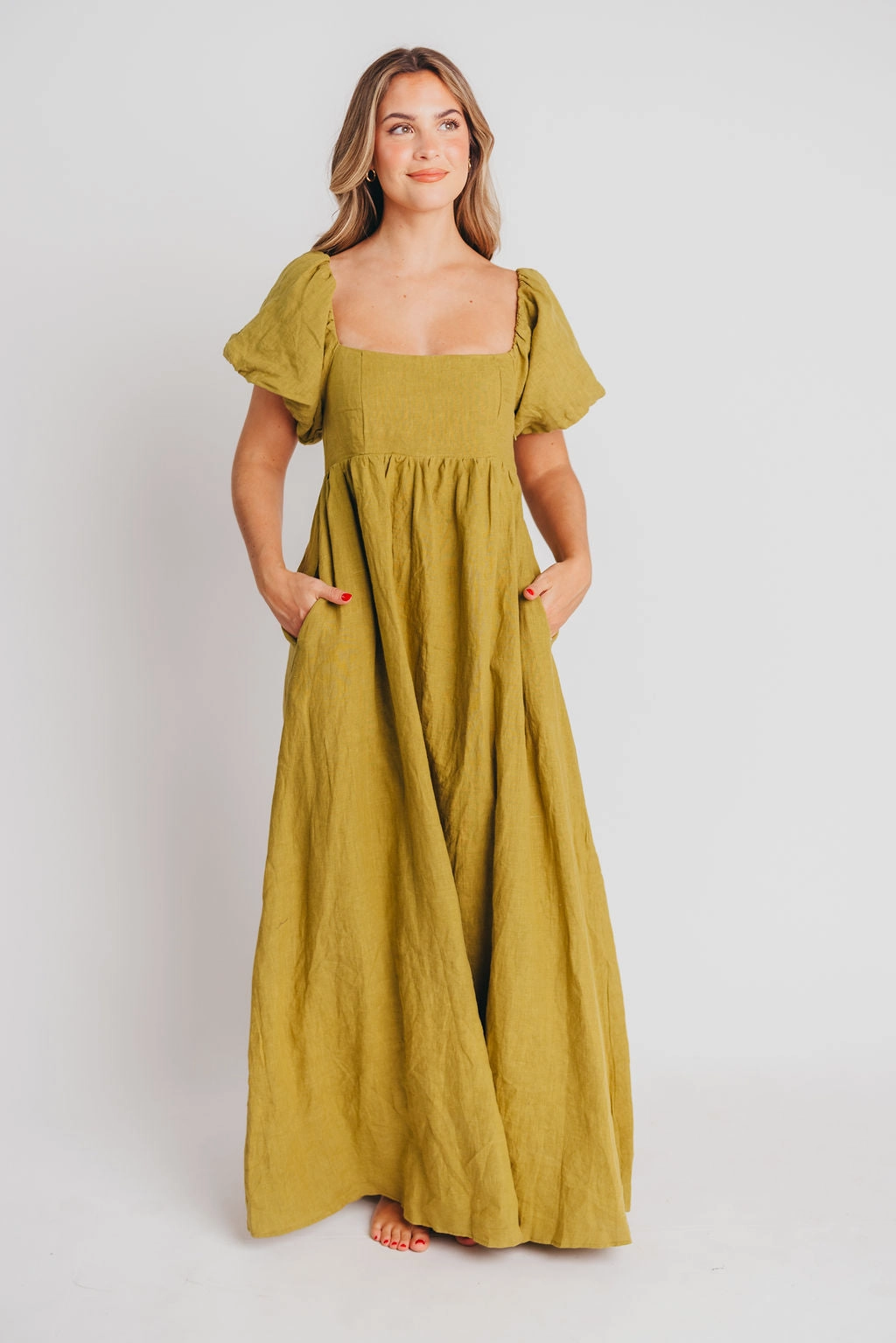 Cozy Drape Cozy Base Candace Maxi Dress in Olive - 100% Linen - Bump Friendly